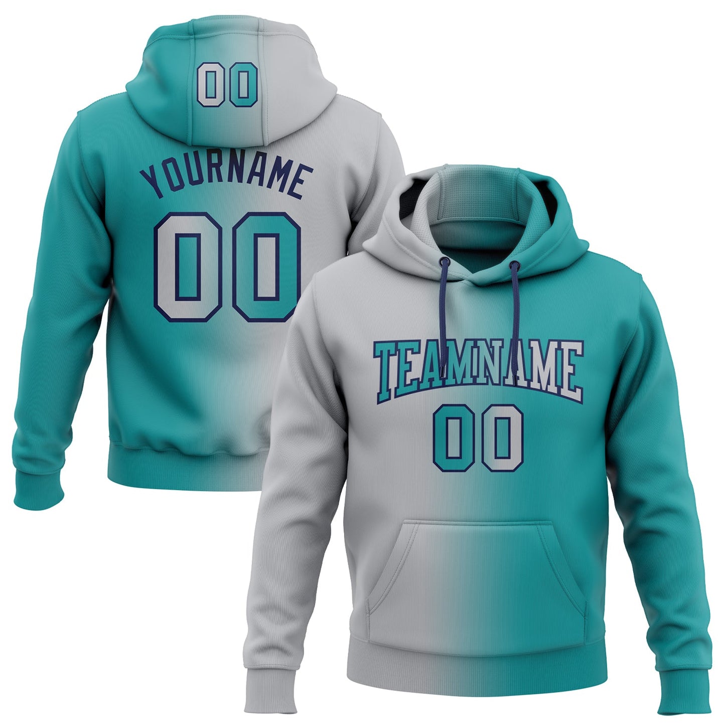 Custom Stitched Teal Gray-Navy Gradient Fashion Sports Pullover Sweatshirt Hoodie - Main View