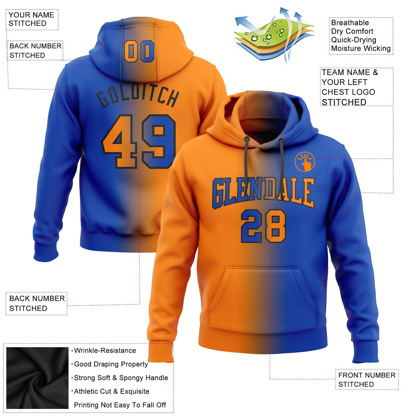 Custom Stitched Thunder Blue Bay Orange-Black Gradient Fashion Sports Pullover Sweatshirt Hoodie view 2