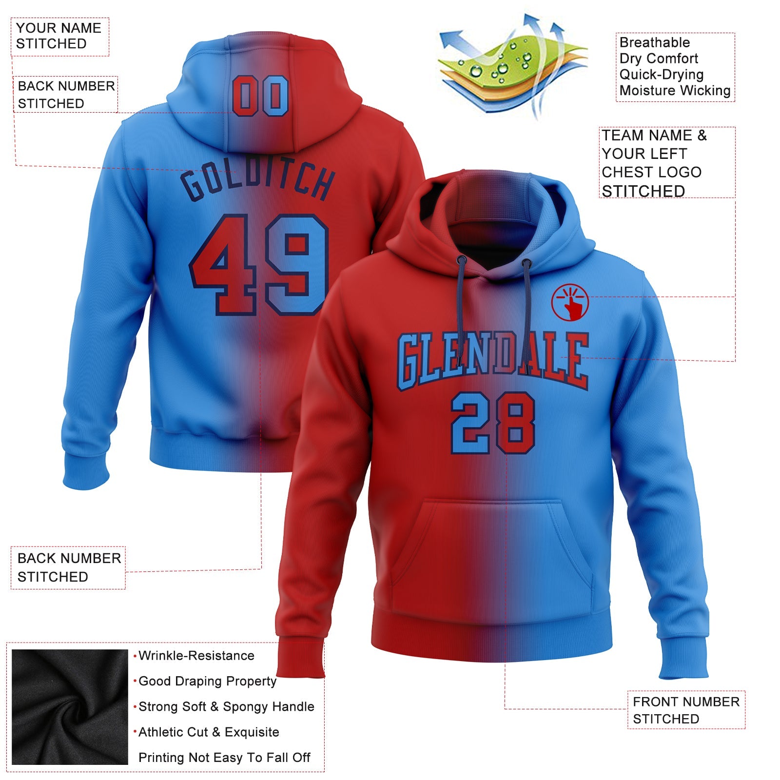 Custom Stitched Powder Blue Red-Navy Gradient Fashion Sports Pullover Sweatshirt Hoodie view 2