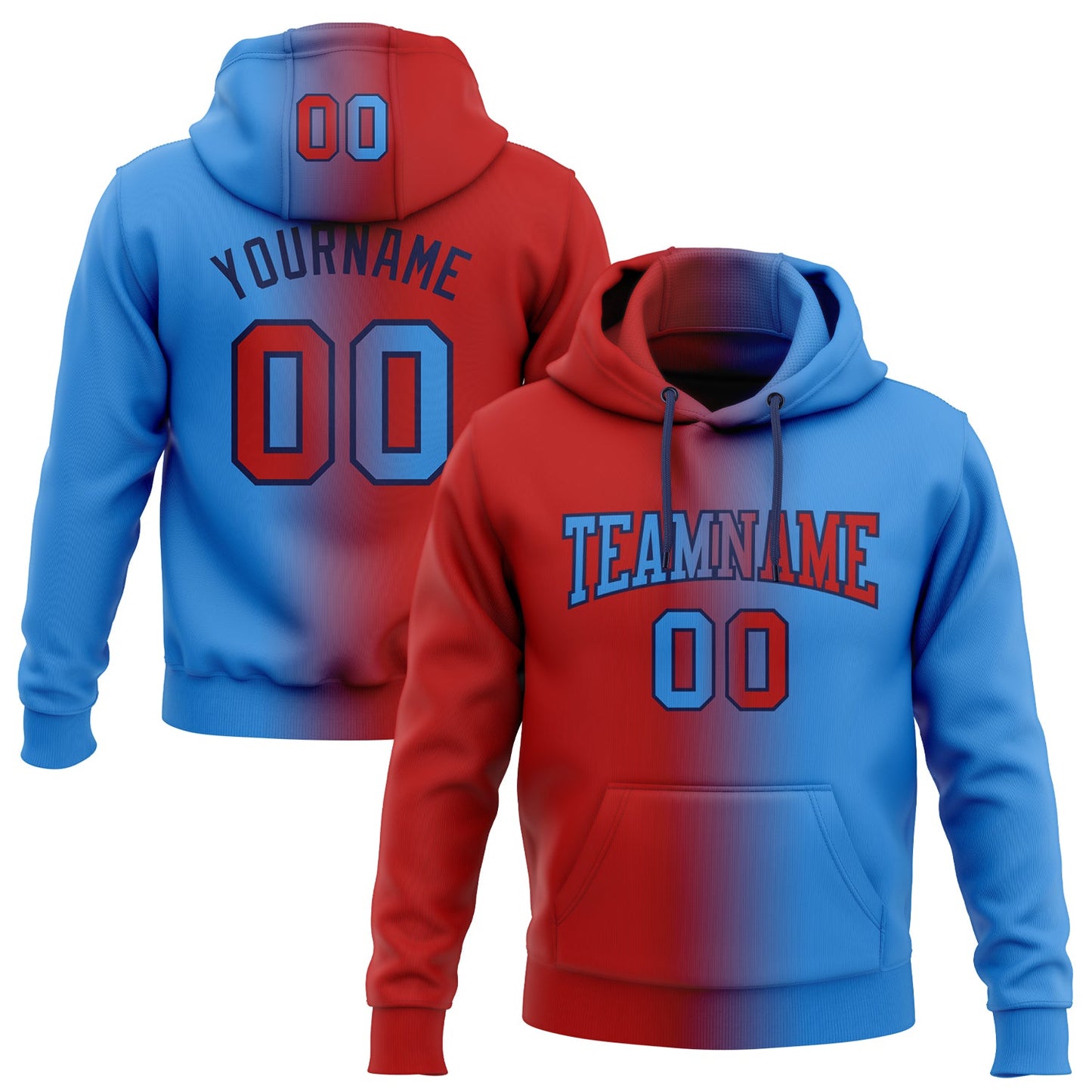 Custom Stitched Powder Blue Red-Navy Gradient Fashion Sports Pullover Sweatshirt Hoodie - Main View