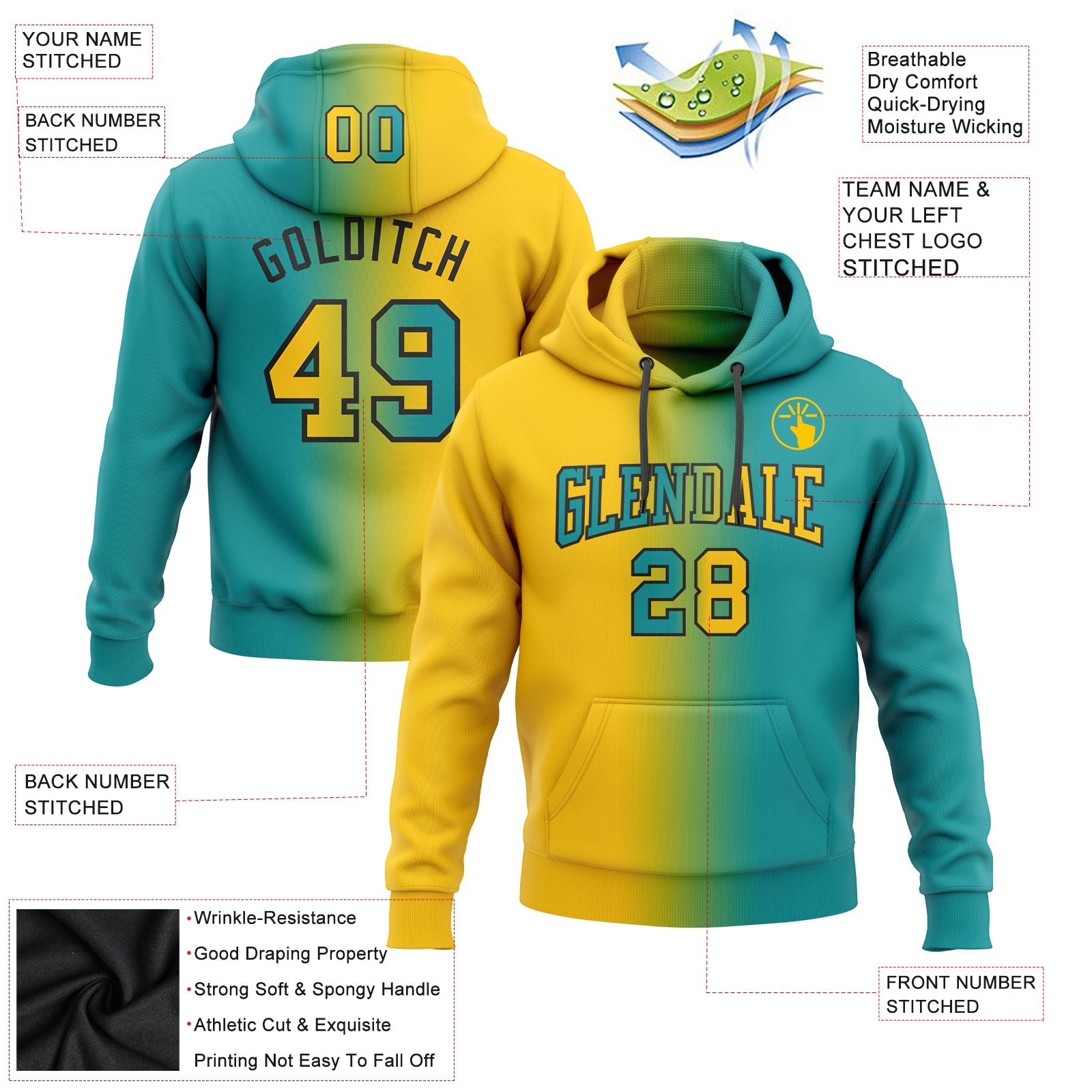 Custom Stitched Teal Yellow-Black Gradient Fashion Sports Pullover Sweatshirt Hoodie view 2