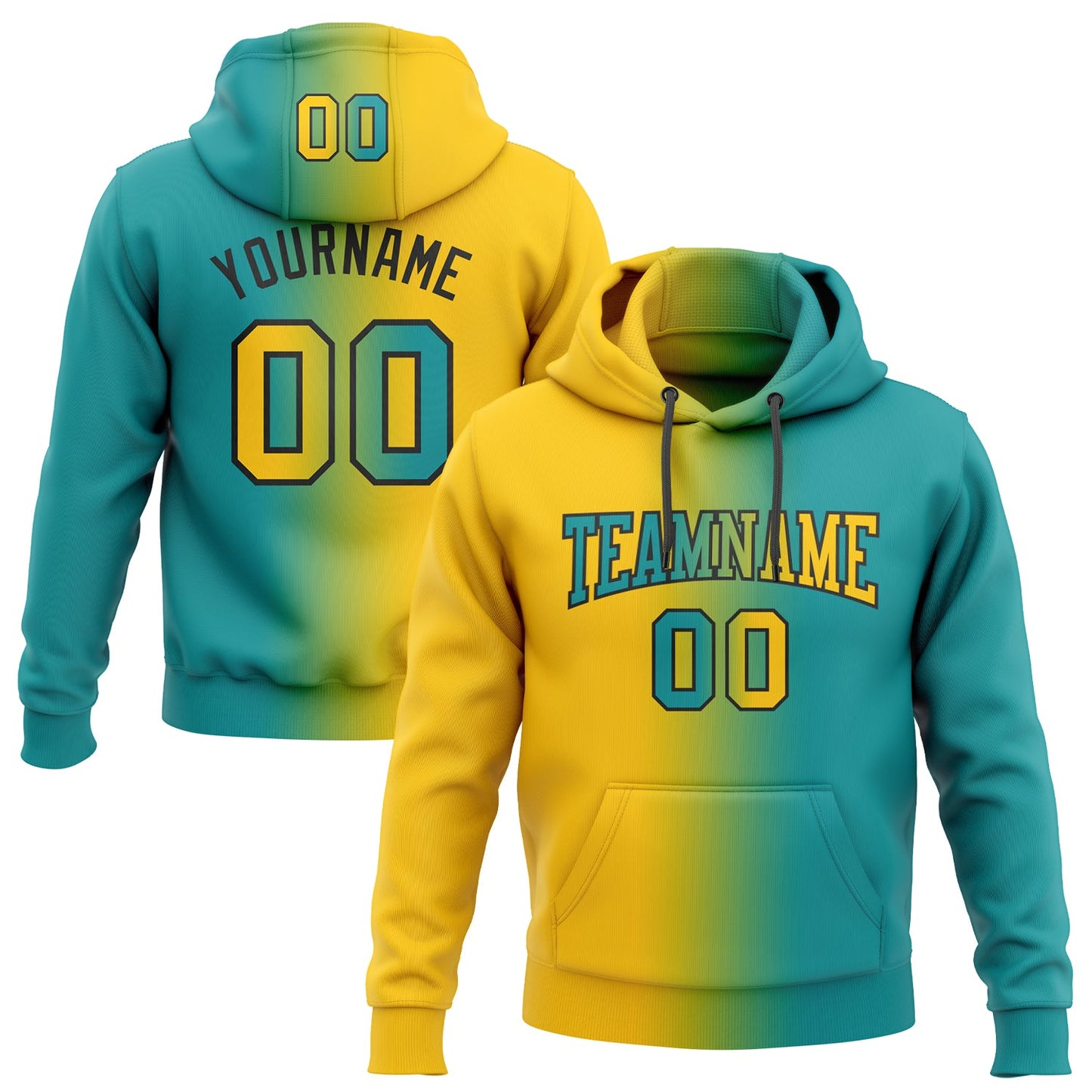 Custom Stitched Teal Yellow-Black Gradient Fashion Sports Pullover Sweatshirt Hoodie - Main View