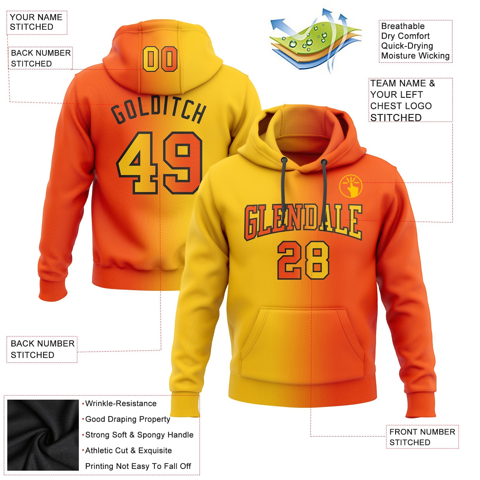 Custom Stitched Orange Yellow-Black Gradient Fashion Sports Pullover Sweatshirt Hoodie view 2