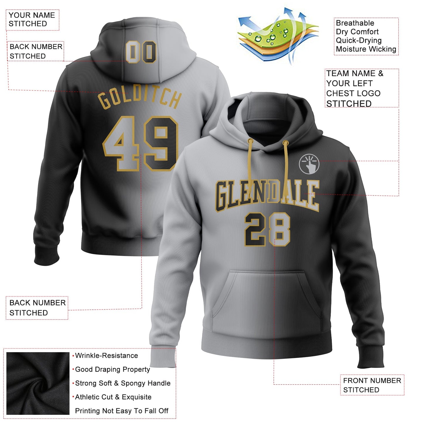 Custom Stitched Black Gray-Old Gold Gradient Fashion Sports Pullover Sweatshirt Hoodie view 2