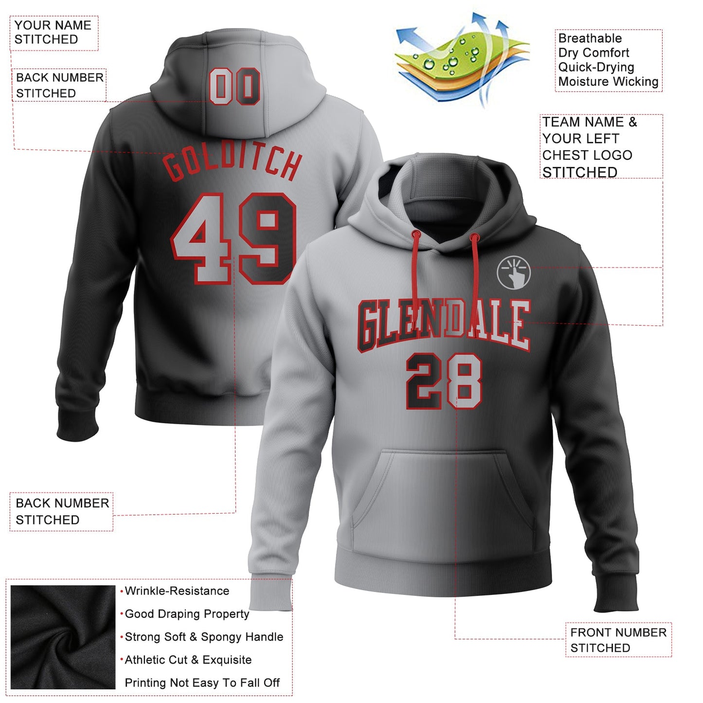 Custom Stitched Black Gray-Red Gradient Fashion Sports Pullover Sweatshirt Hoodie view 2