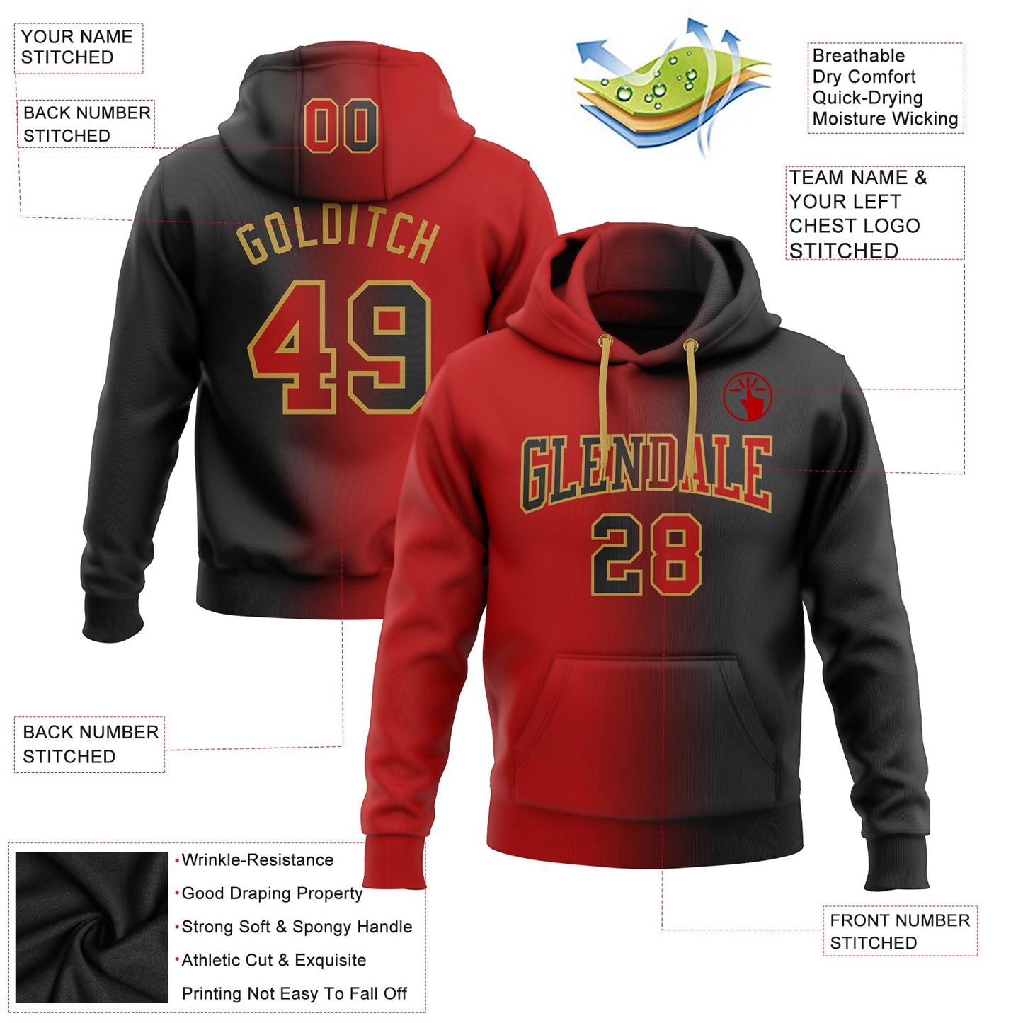 Custom Stitched Black Red-Old Gold Gradient Fashion Sports Pullover Sweatshirt Hoodie view 2