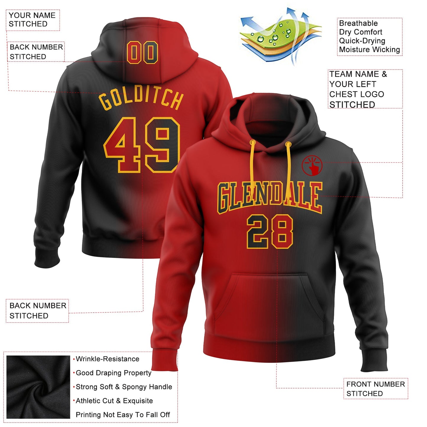 Custom Stitched Black Red-Gold Gradient Fashion Sports Pullover Sweatshirt Hoodie view 2