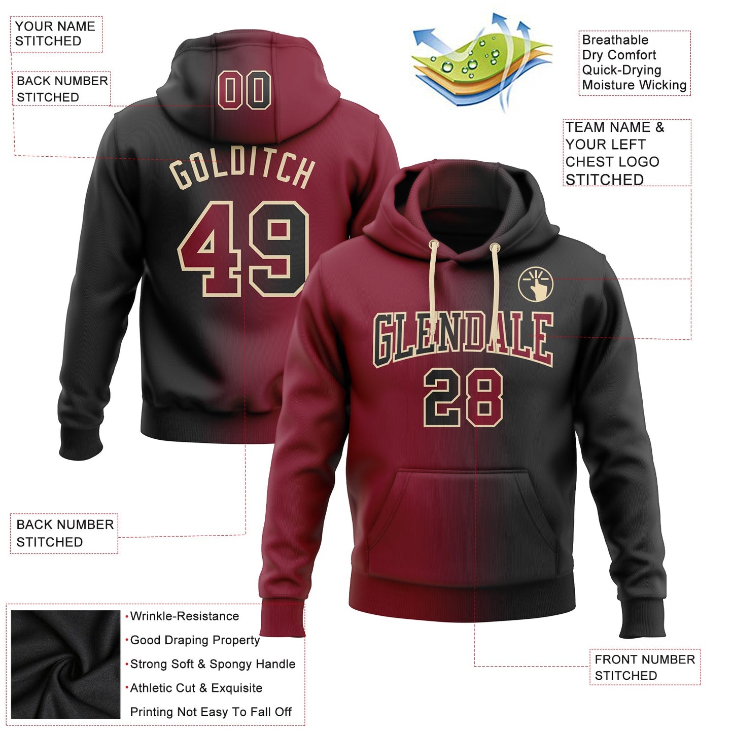 Custom Stitched Black Crimson-City Cream Gradient Fashion Sports Pullover Sweatshirt Hoodie view 2