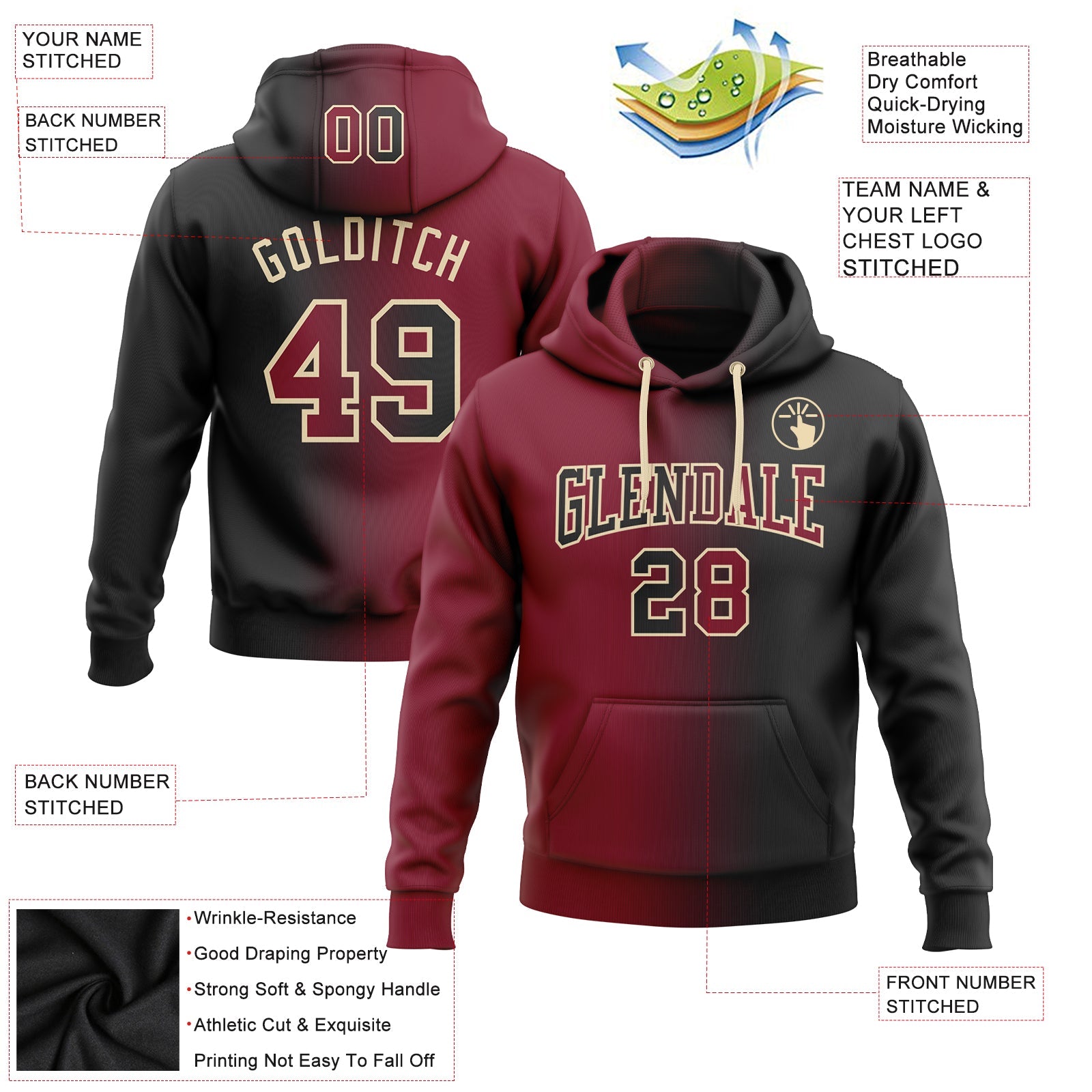 Custom Stitched Black Crimson-City Cream Gradient Fashion Sports Pullover Sweatshirt Hoodie view 2