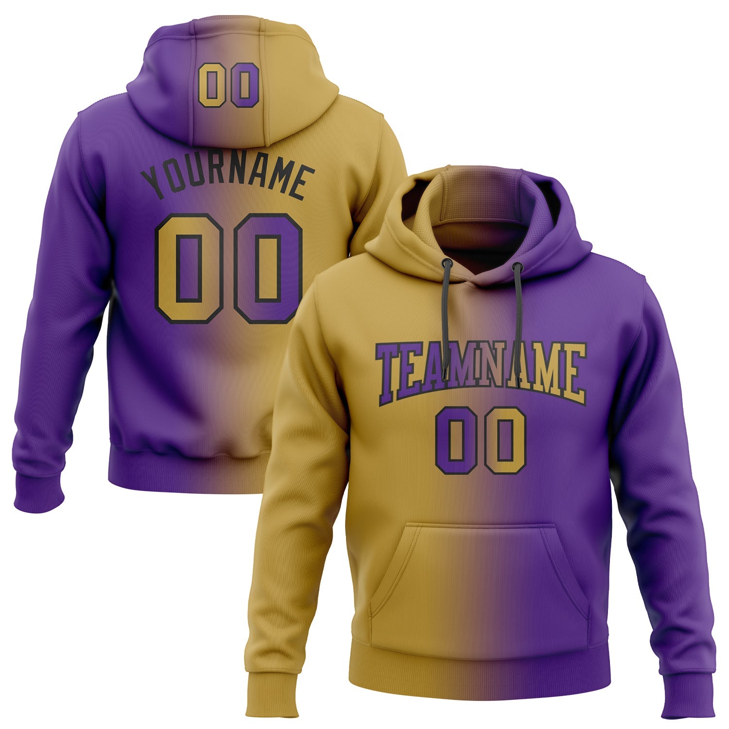 Custom Stitched Purple Old Gold-Black Gradient Fashion Sports Pullover Sweatshirt Hoodie - Main View