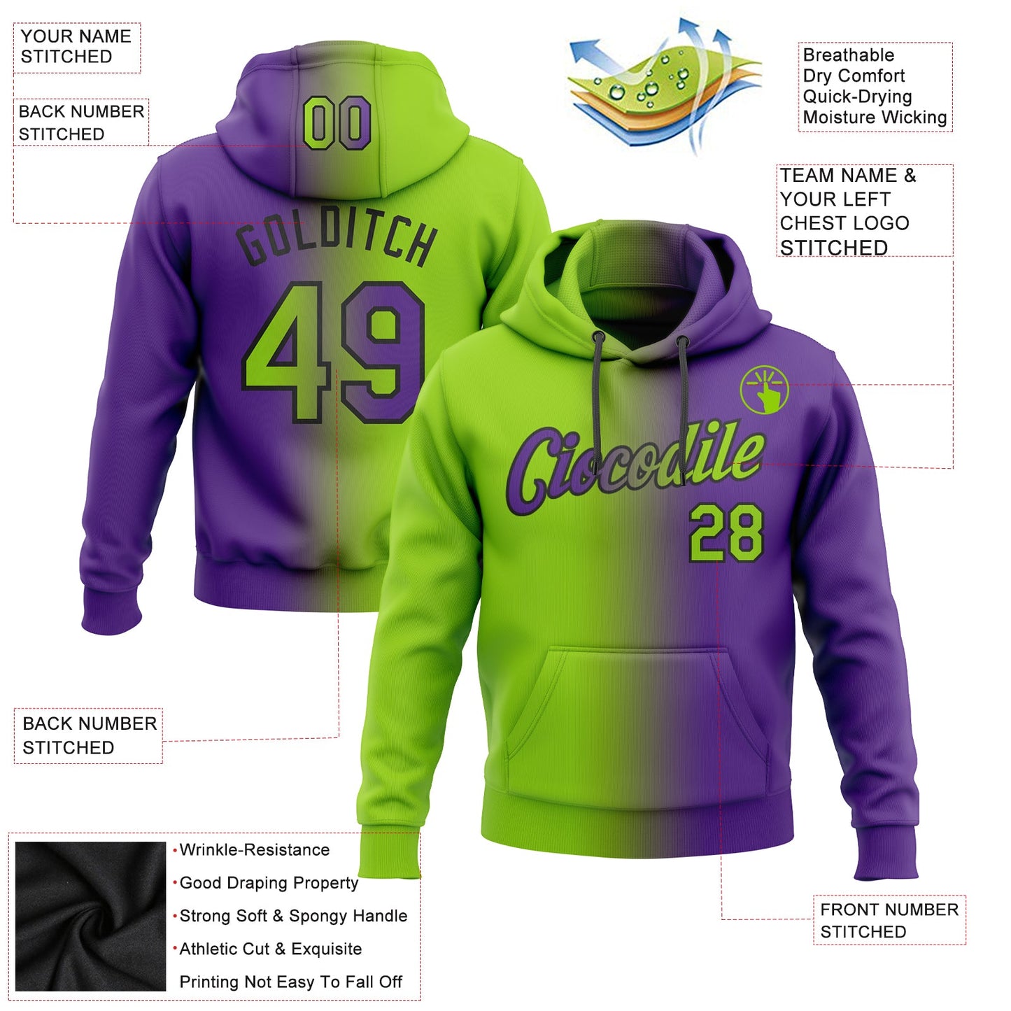 Custom Stitched Purple Neon Green-Black Gradient Fashion Sports Pullover Sweatshirt Hoodie view 2