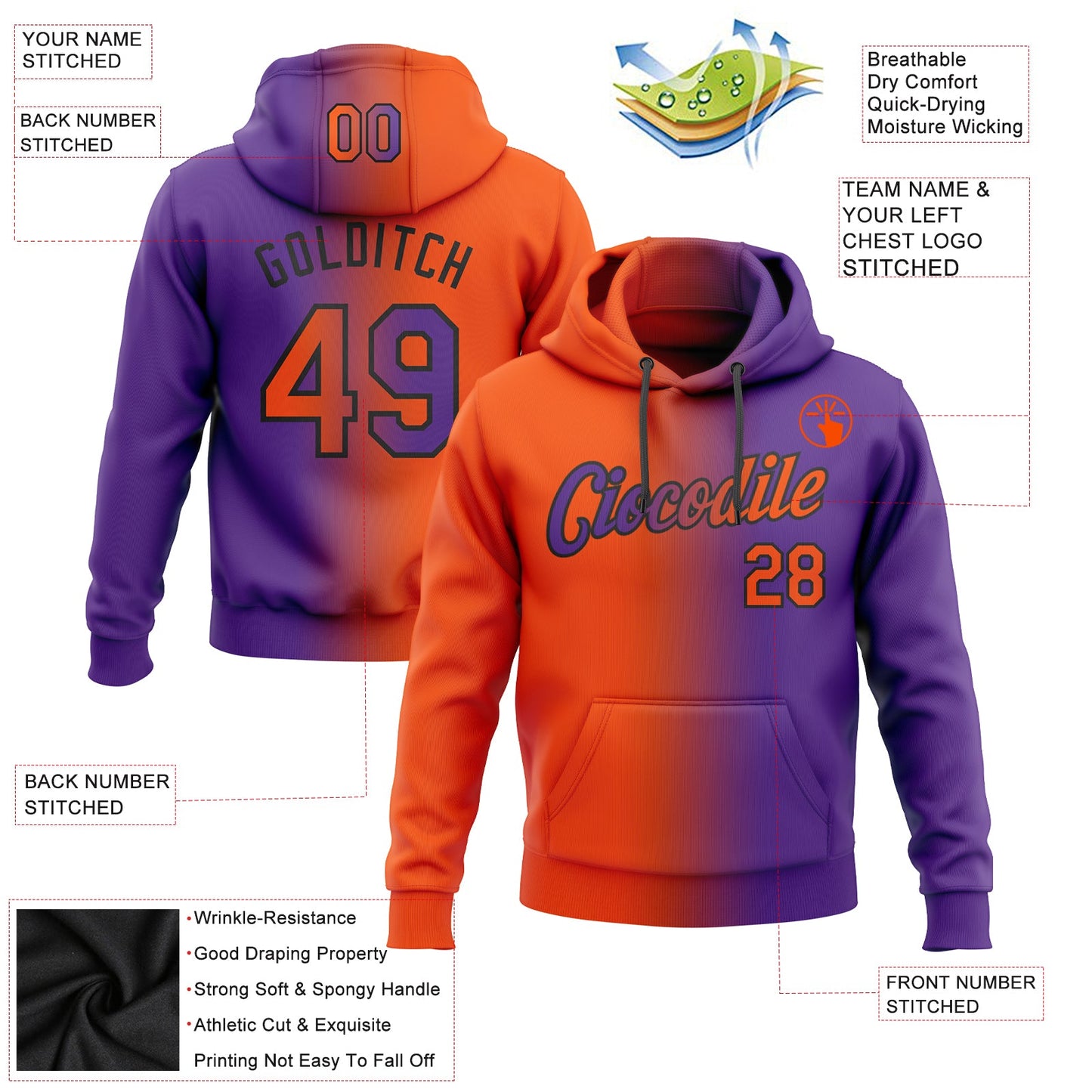 Custom Stitched Purple Orange-Black Gradient Fashion Sports Pullover Sweatshirt Hoodie view 2