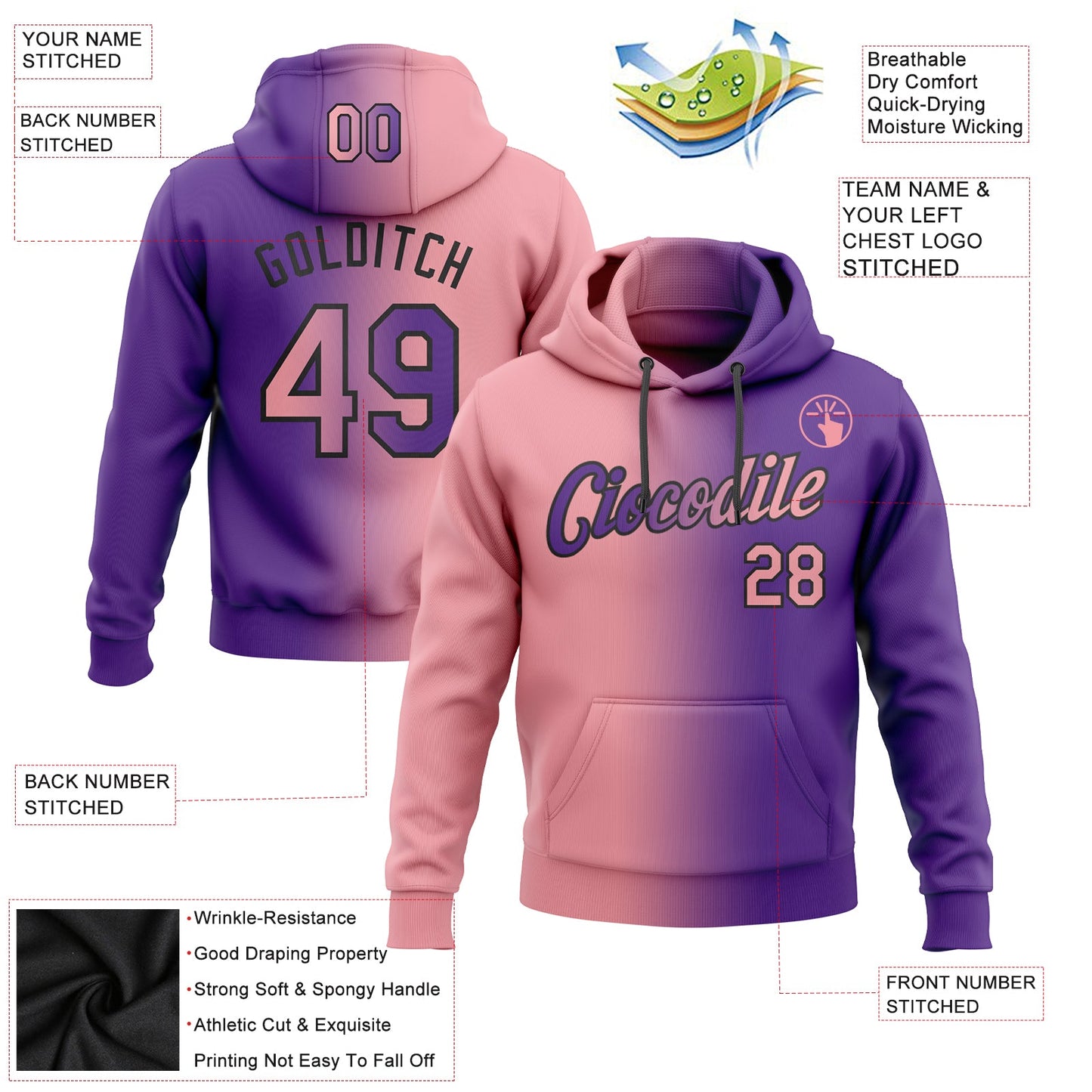 Custom Stitched Purple Medium Pink-Black Gradient Fashion Sports Pullover Sweatshirt Hoodie view 2