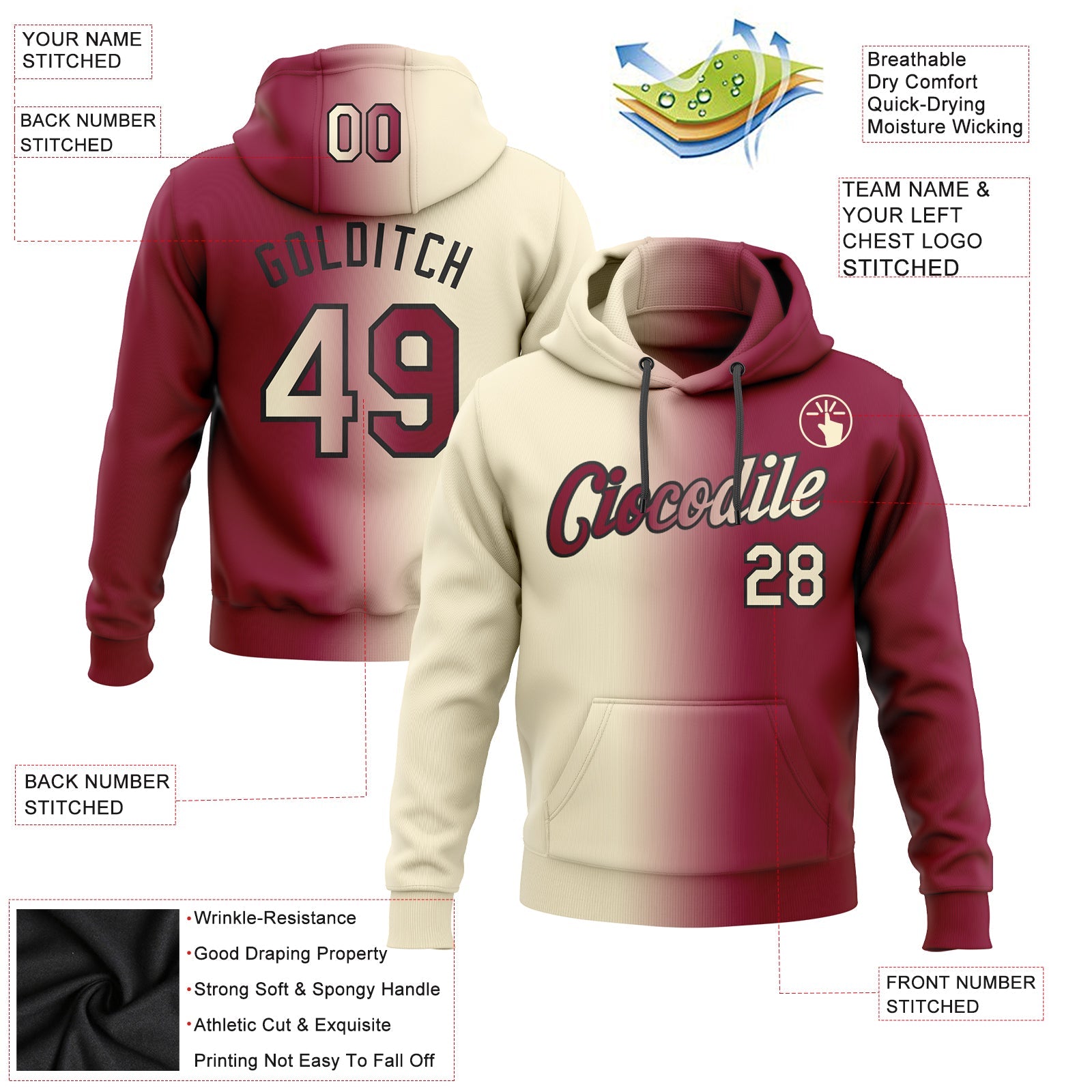 Custom Stitched Maroon Cream-Black Gradient Fashion Sports Pullover Sweatshirt Hoodie view 2