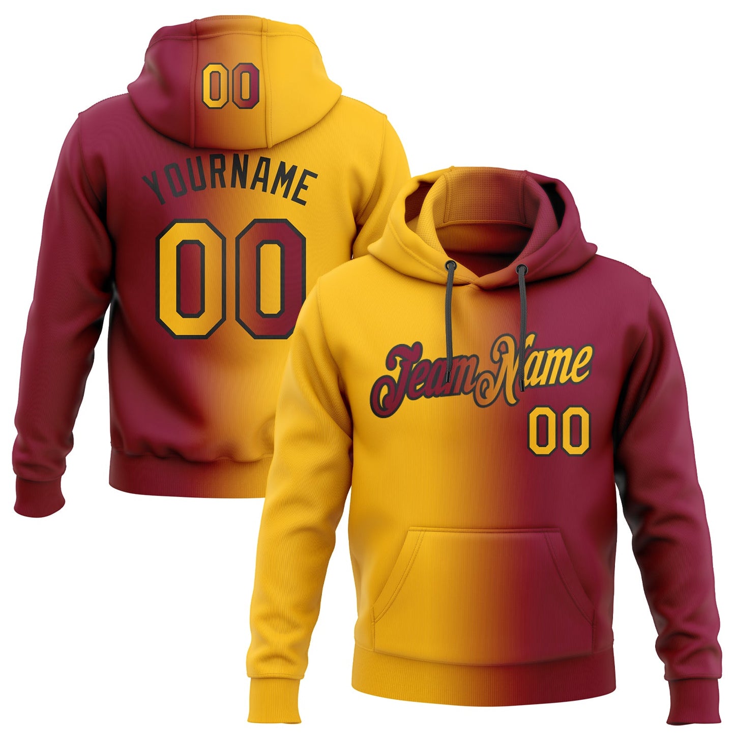 Custom Stitched Maroon Gold-Black Gradient Fashion Sports Pullover Sweatshirt Hoodie - Main View