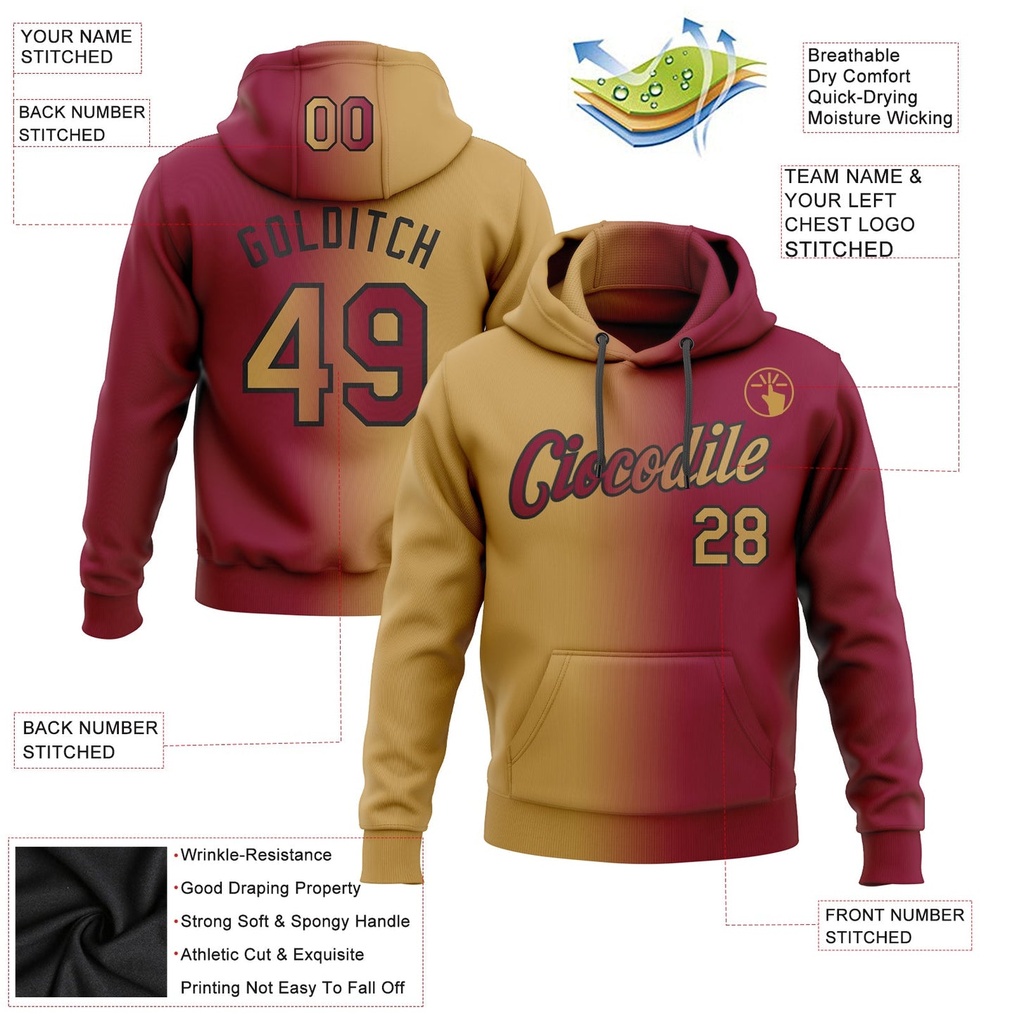 Custom Stitched Maroon Old Gold-Black Gradient Fashion Sports Pullover Sweatshirt Hoodie view 2