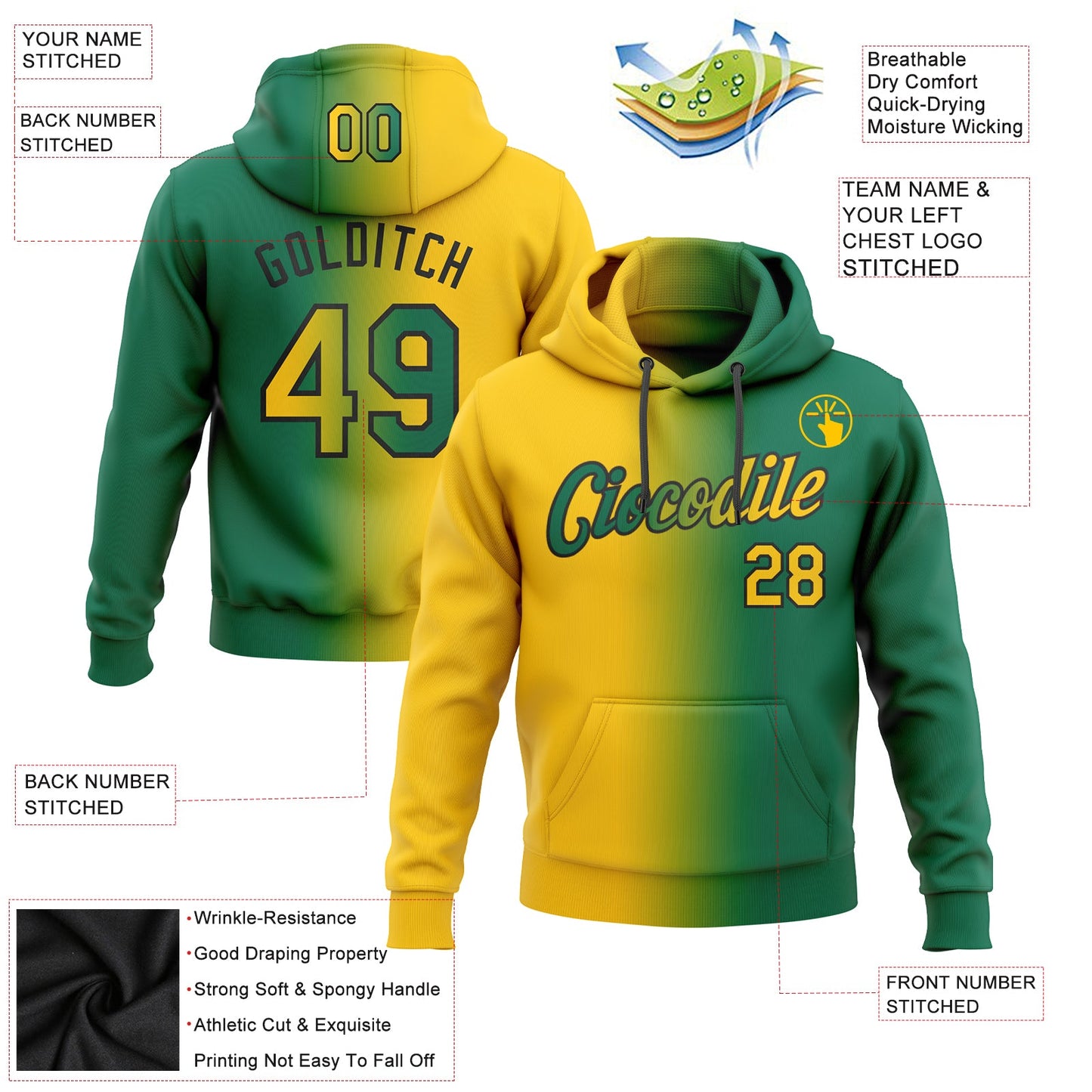 Custom Stitched Kelly Green Yellow-Black Gradient Fashion Sports Pullover Sweatshirt Hoodie view 2
