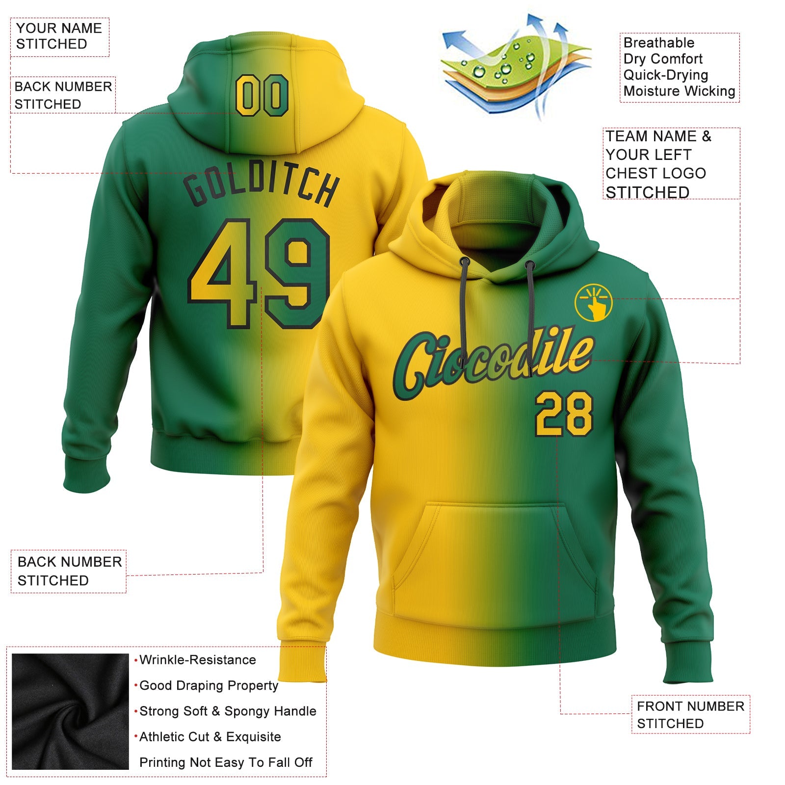 Custom Stitched Kelly Green Yellow-Black Gradient Fashion Sports Pullover Sweatshirt Hoodie view 2