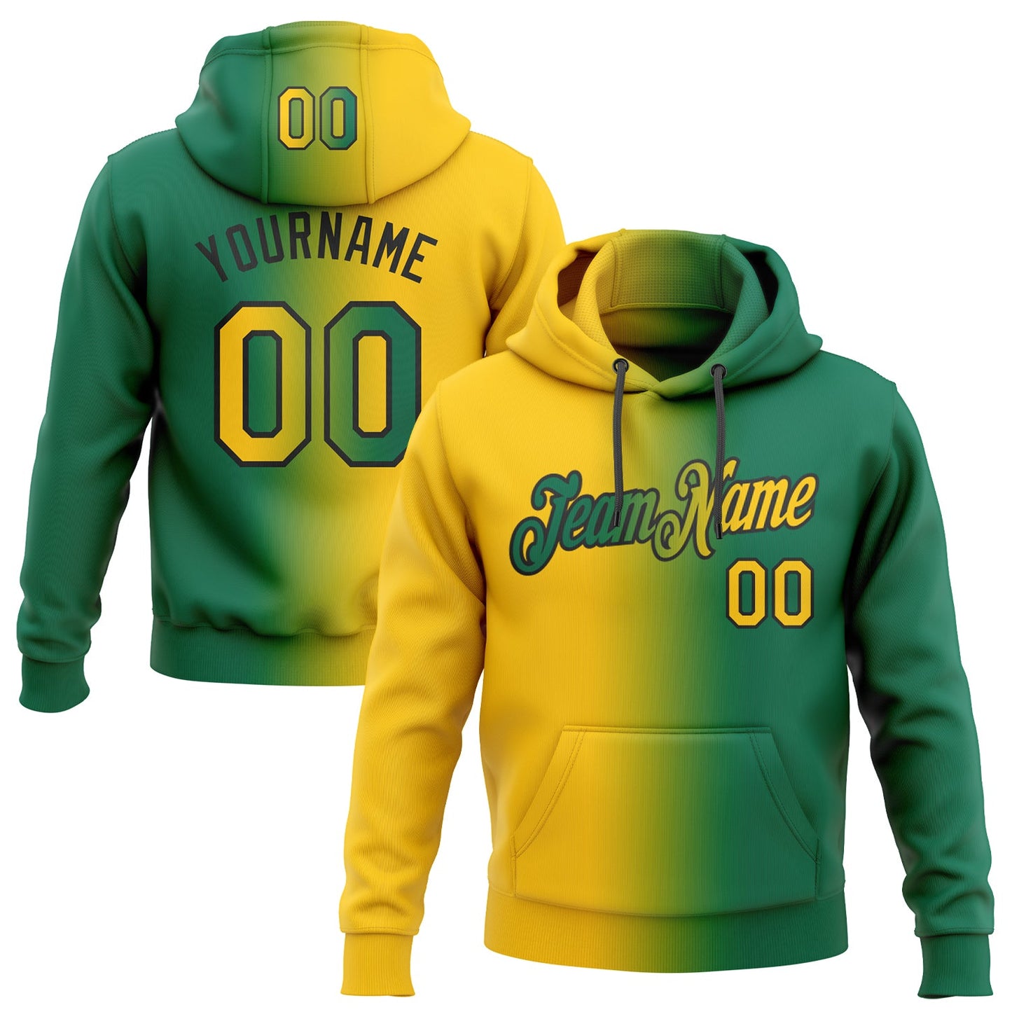 Custom Stitched Kelly Green Yellow-Black Gradient Fashion Sports Pullover Sweatshirt Hoodie - Main View