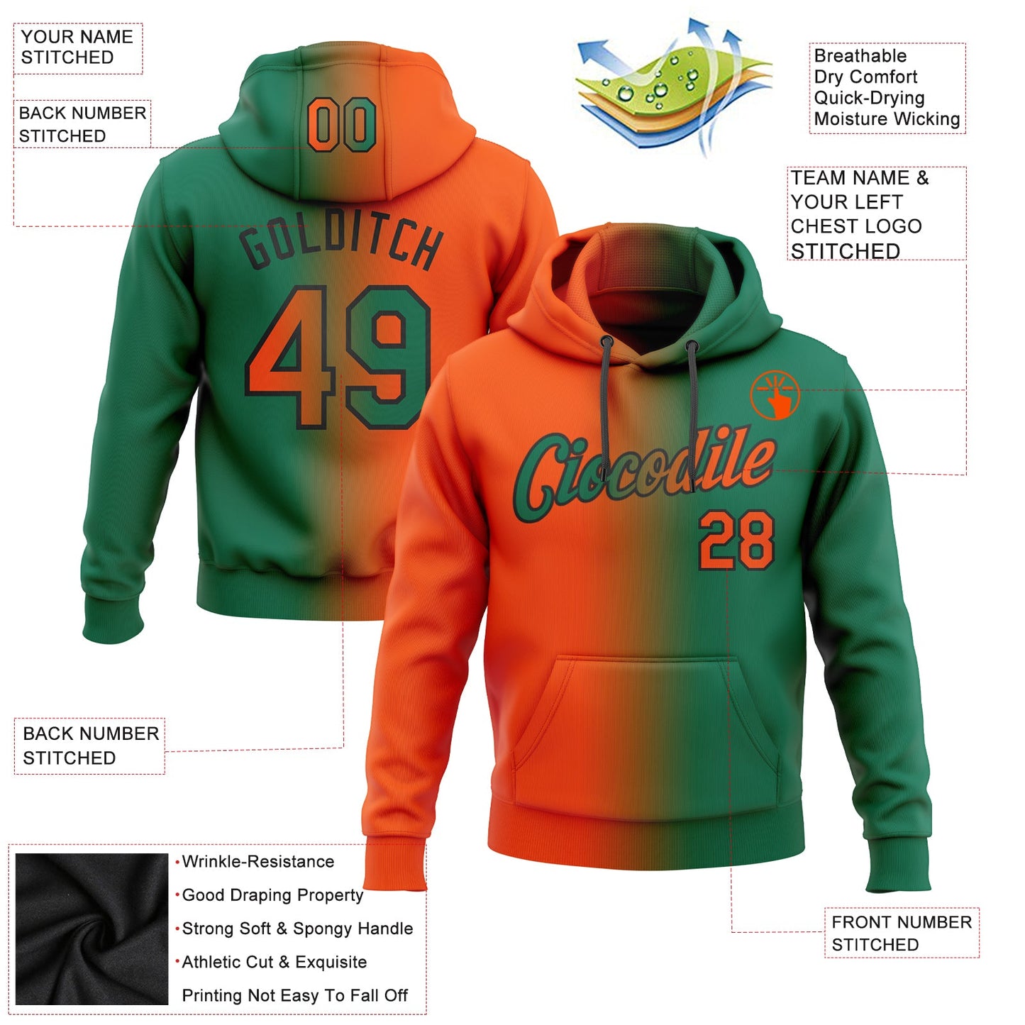 Custom Stitched Kelly Green Orange-Black Gradient Fashion Sports Pullover Sweatshirt Hoodie view 2