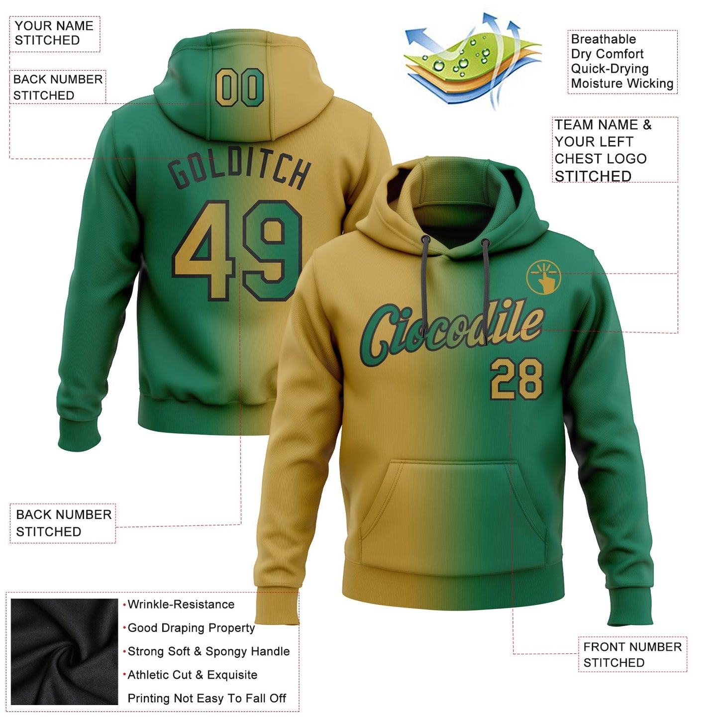 Custom Stitched Kelly Green Old Gold-Black Gradient Fashion Sports Pullover Sweatshirt Hoodie view 2