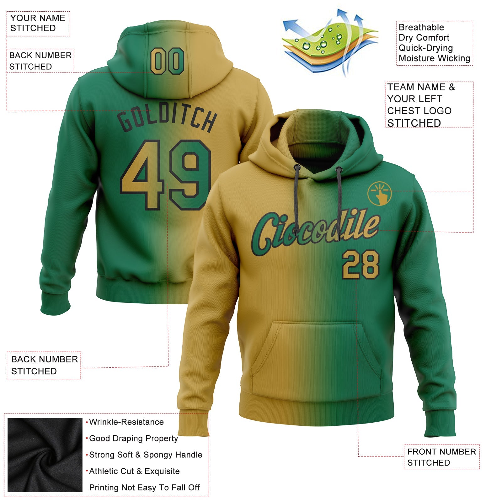 Custom Stitched Kelly Green Old Gold-Black Gradient Fashion Sports Pullover Sweatshirt Hoodie view 2