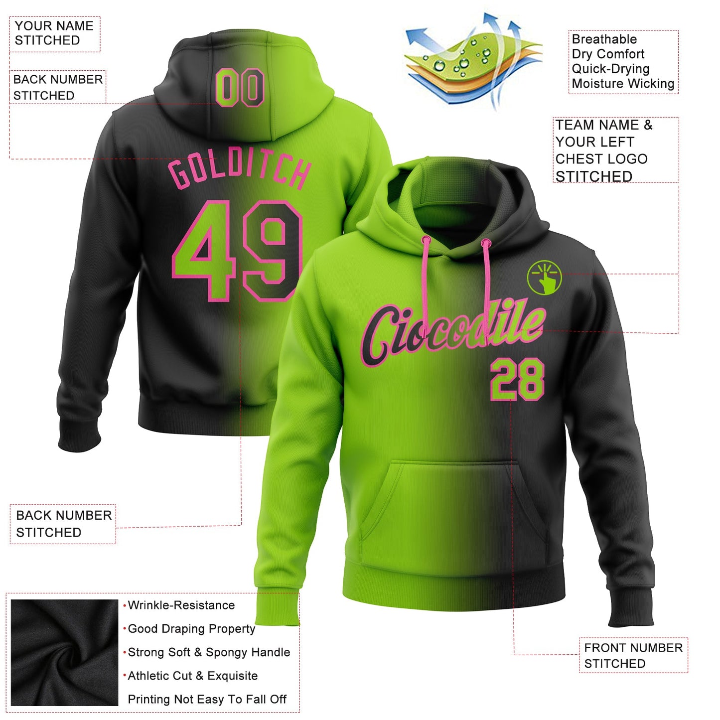 Custom Stitched Black Neon Green-Pink Gradient Fashion Sports Pullover Sweatshirt Hoodie view 2