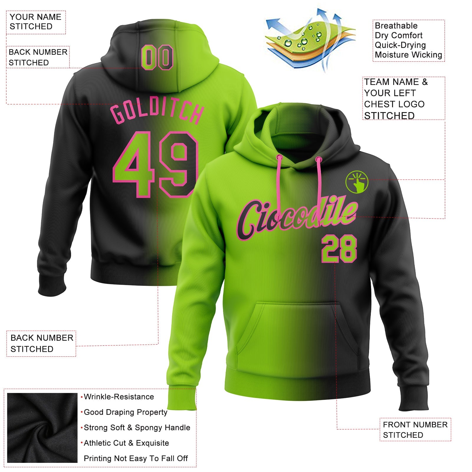 Custom Stitched Black Neon Green-Pink Gradient Fashion Sports Pullover Sweatshirt Hoodie view 2