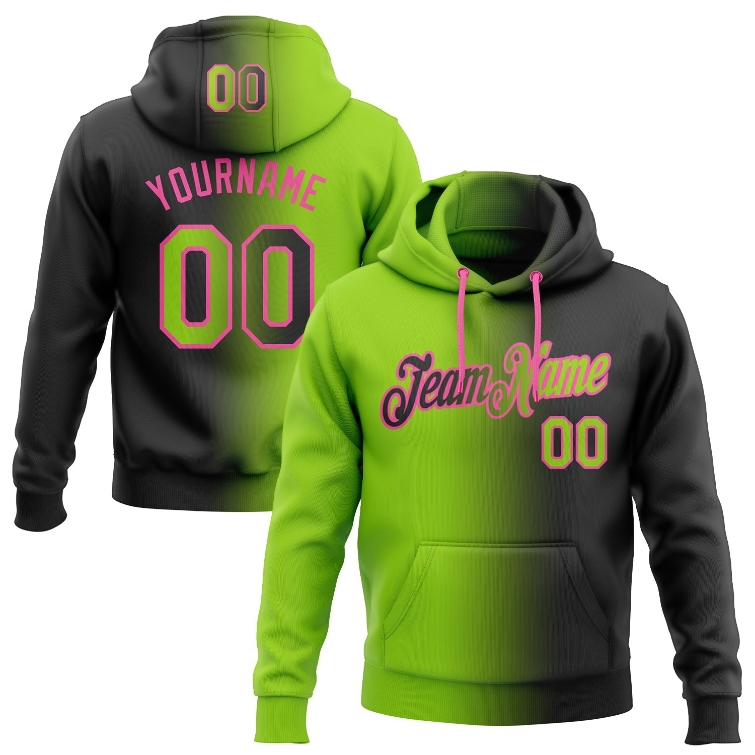 Custom Stitched Black Neon Green-Pink Gradient Fashion Sports Pullover Sweatshirt Hoodie - Main View