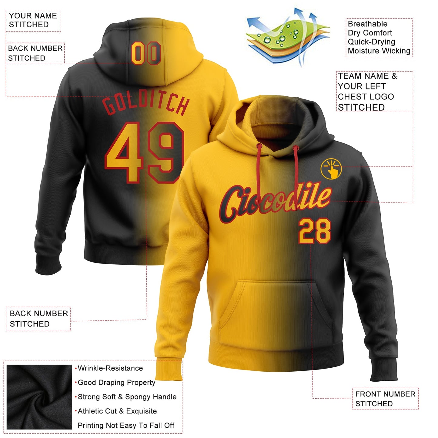 Custom Stitched Black Gold-Red Gradient Fashion Sports Pullover Sweatshirt Hoodie view 2