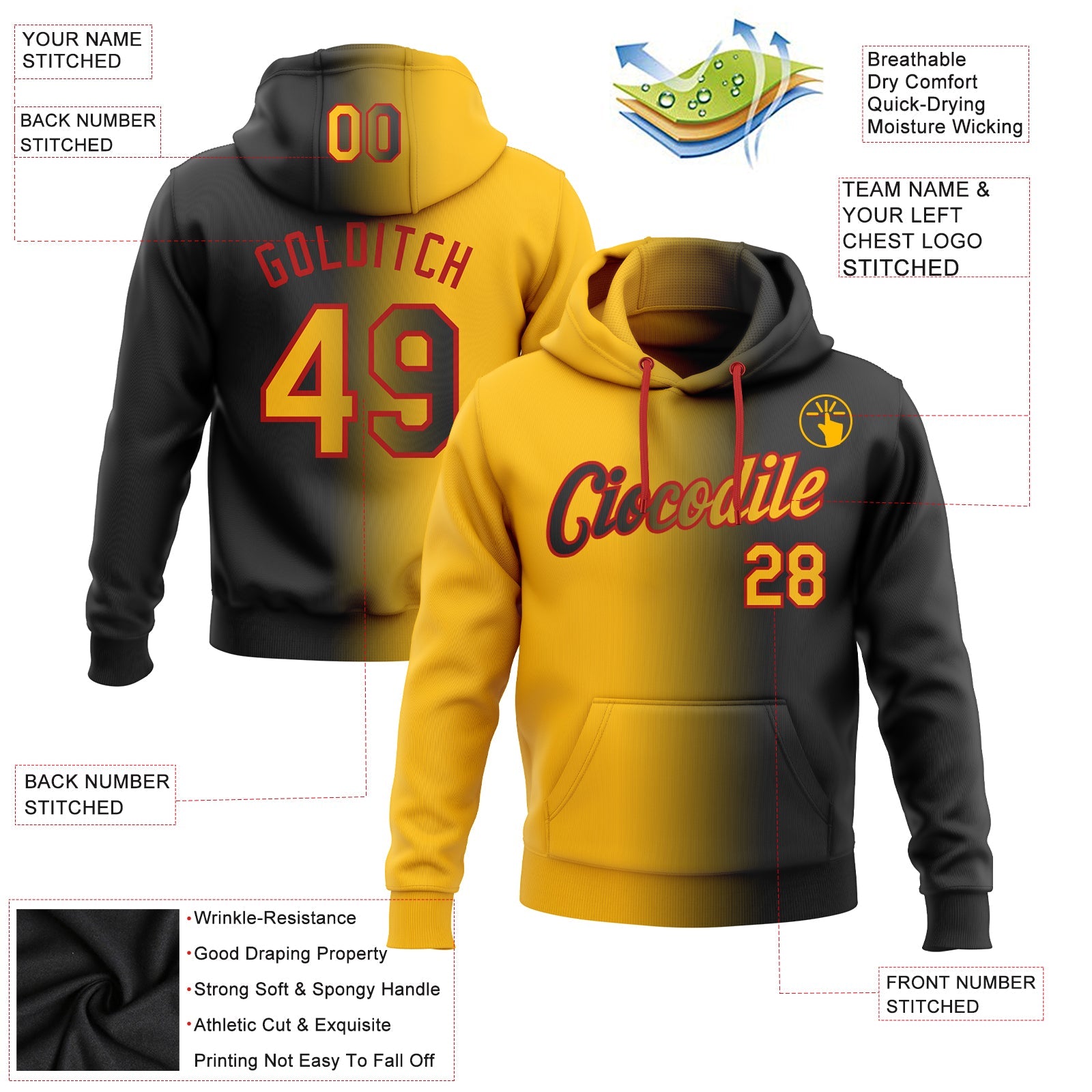 Custom Stitched Black Gold-Red Gradient Fashion Sports Pullover Sweatshirt Hoodie view 2