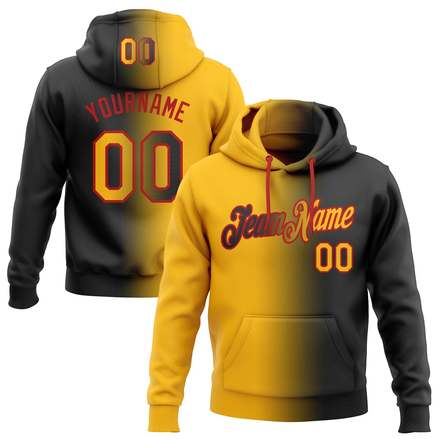 Custom Stitched Black Gold-Red Gradient Fashion Sports Pullover Sweatshirt Hoodie - Main View