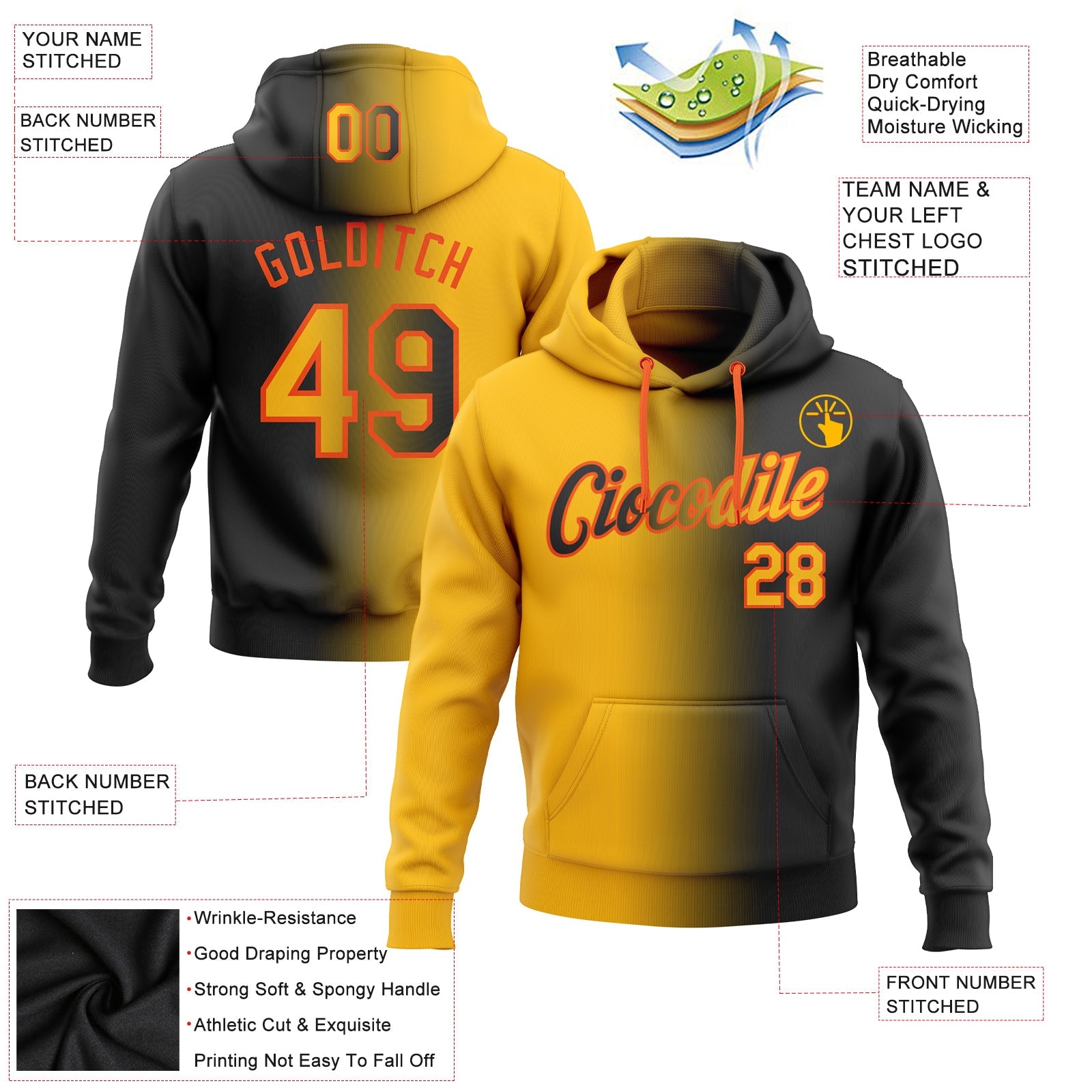 Custom Stitched Black Gold-Orange Gradient Fashion Sports Pullover Sweatshirt Hoodie view 2