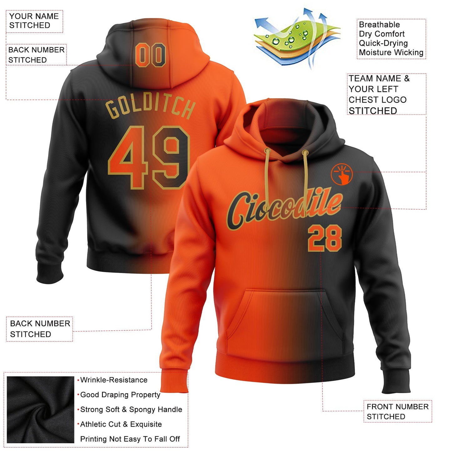 Custom Stitched Black Orange-Old Gold Gradient Fashion Sports Pullover Sweatshirt Hoodie view 2