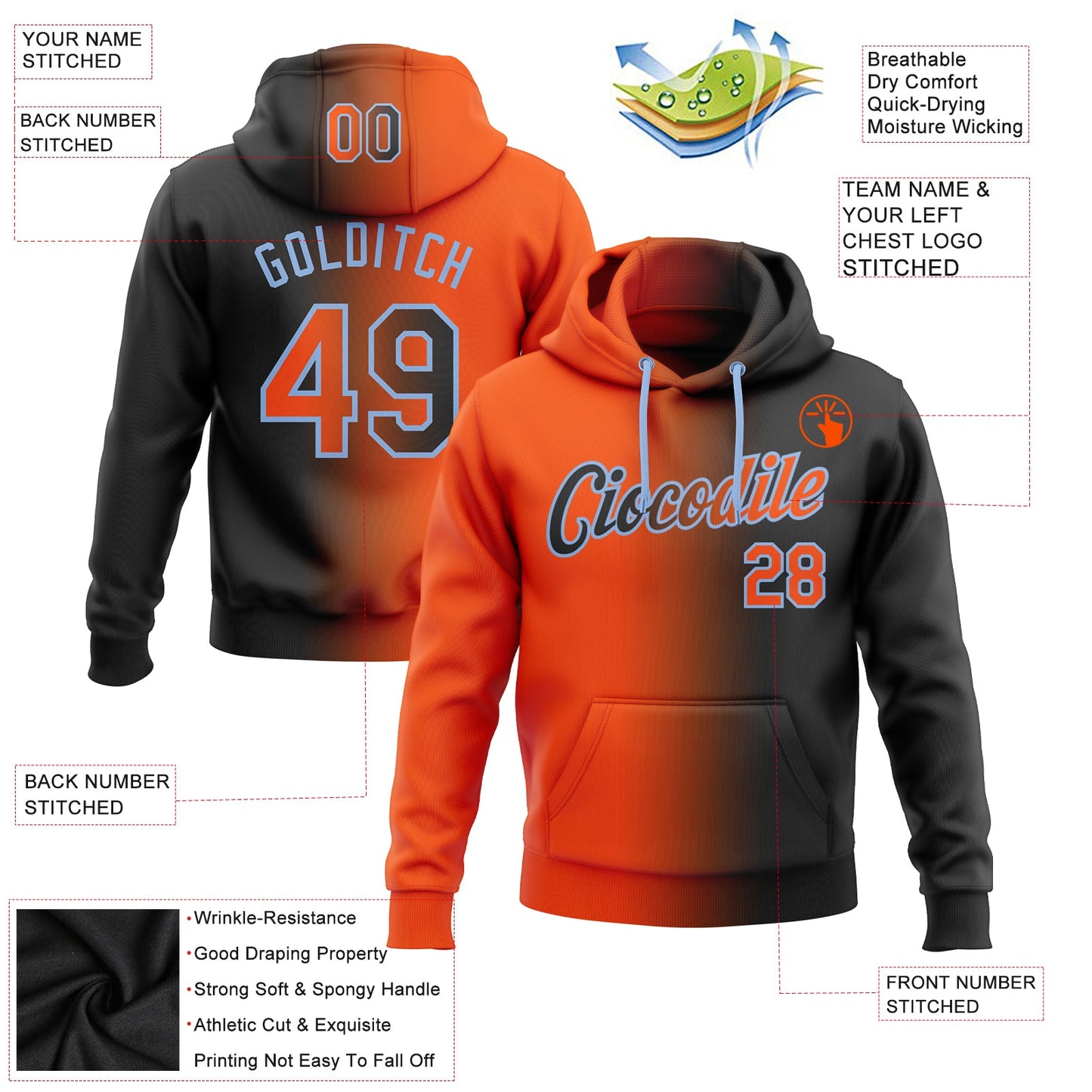 Custom Stitched Black Orange-Light Blue Gradient Fashion Sports Pullover Sweatshirt Hoodie view 2