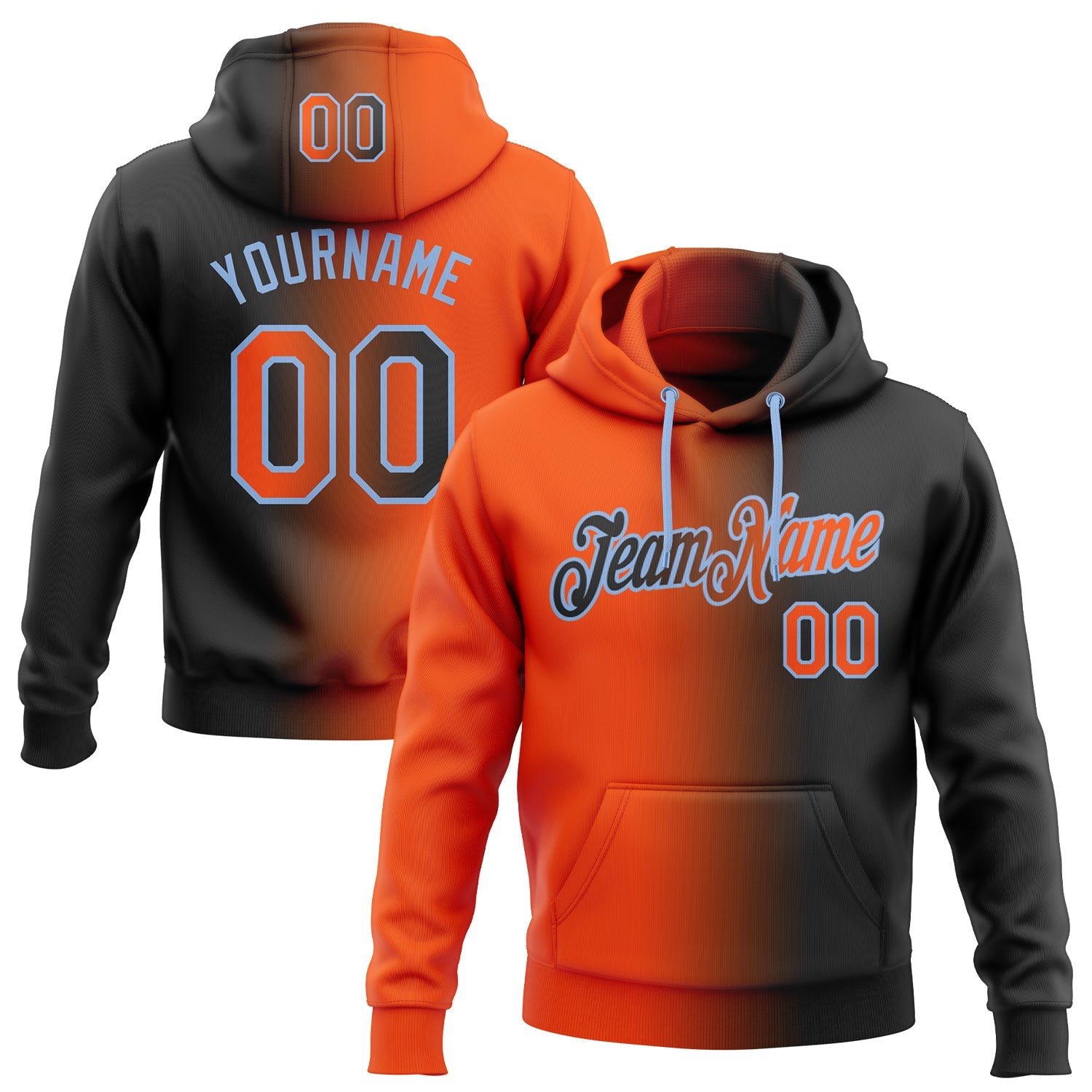 Custom Stitched Black Orange-Light Blue Gradient Fashion Sports Pullover Sweatshirt Hoodie - Main View