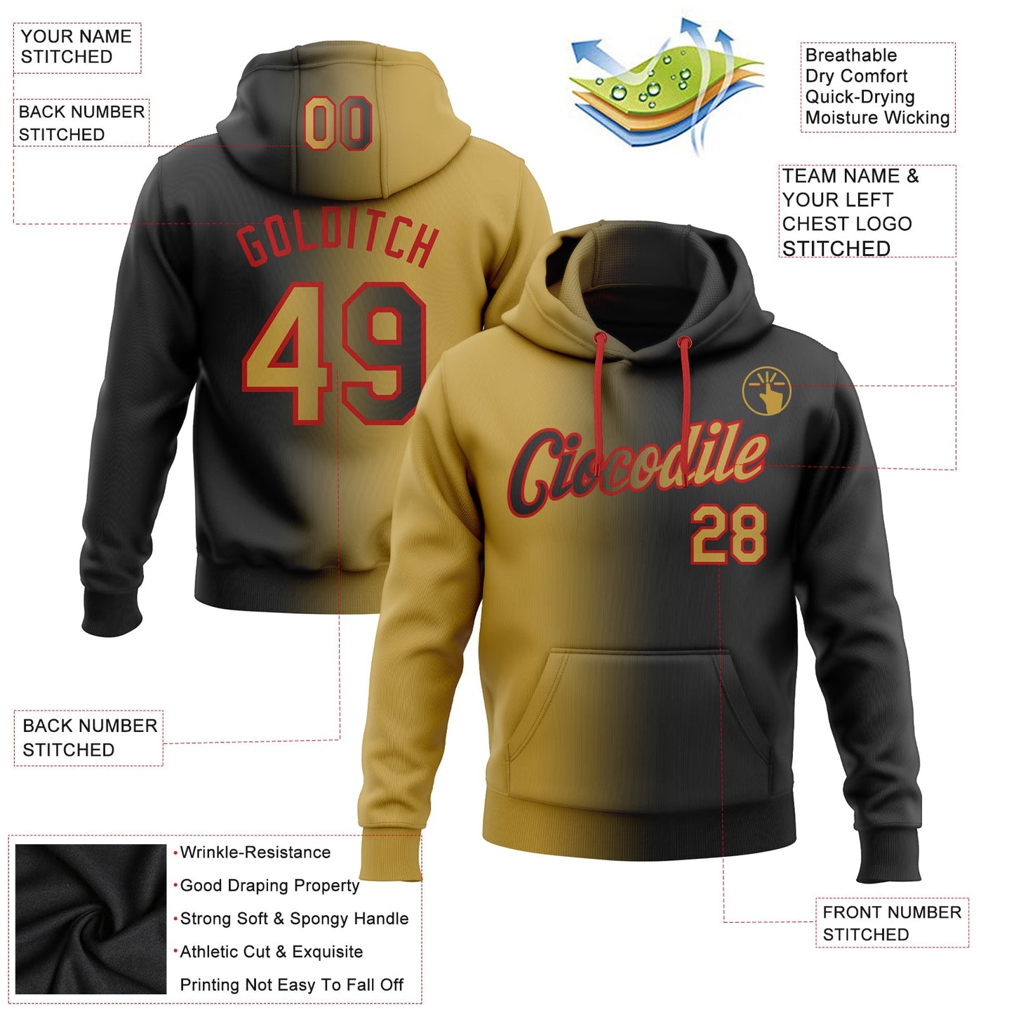 Custom Stitched Black Old Gold-Red Gradient Fashion Sports Pullover Sweatshirt Hoodie view 2