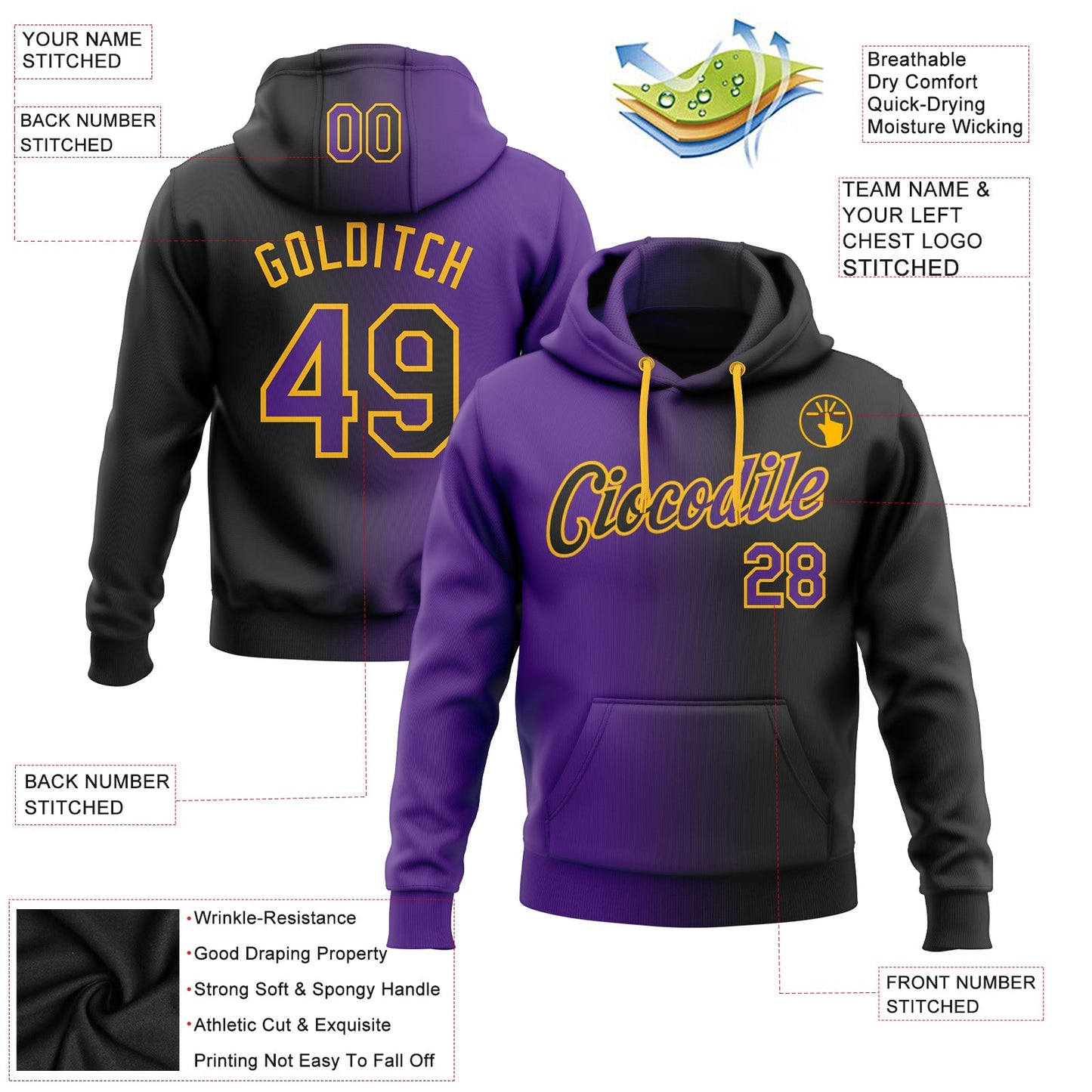 Custom Stitched Black Purple-Gold Gradient Fashion Sports Pullover Sweatshirt Hoodie view 3