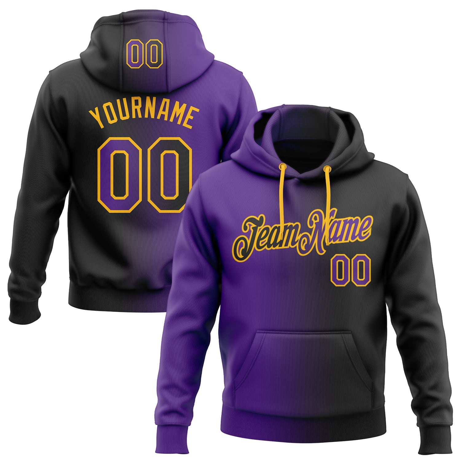 Custom Stitched Black Purple-Gold Gradient Fashion Sports Pullover Sweatshirt Hoodie - Main View