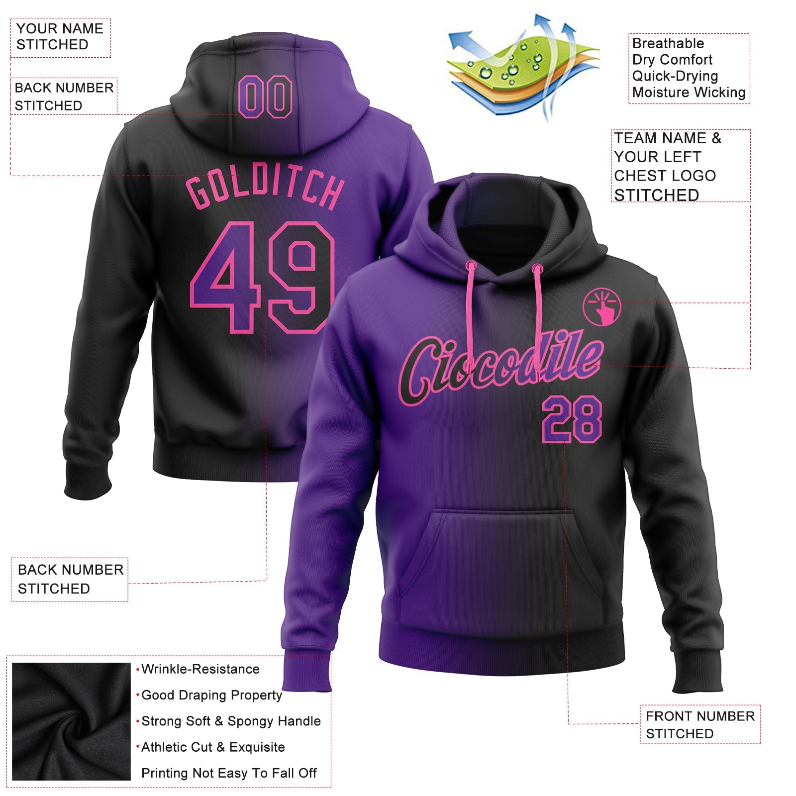 Custom Stitched Black Purple-Pink Gradient Fashion Sports Pullover Sweatshirt Hoodie view 2