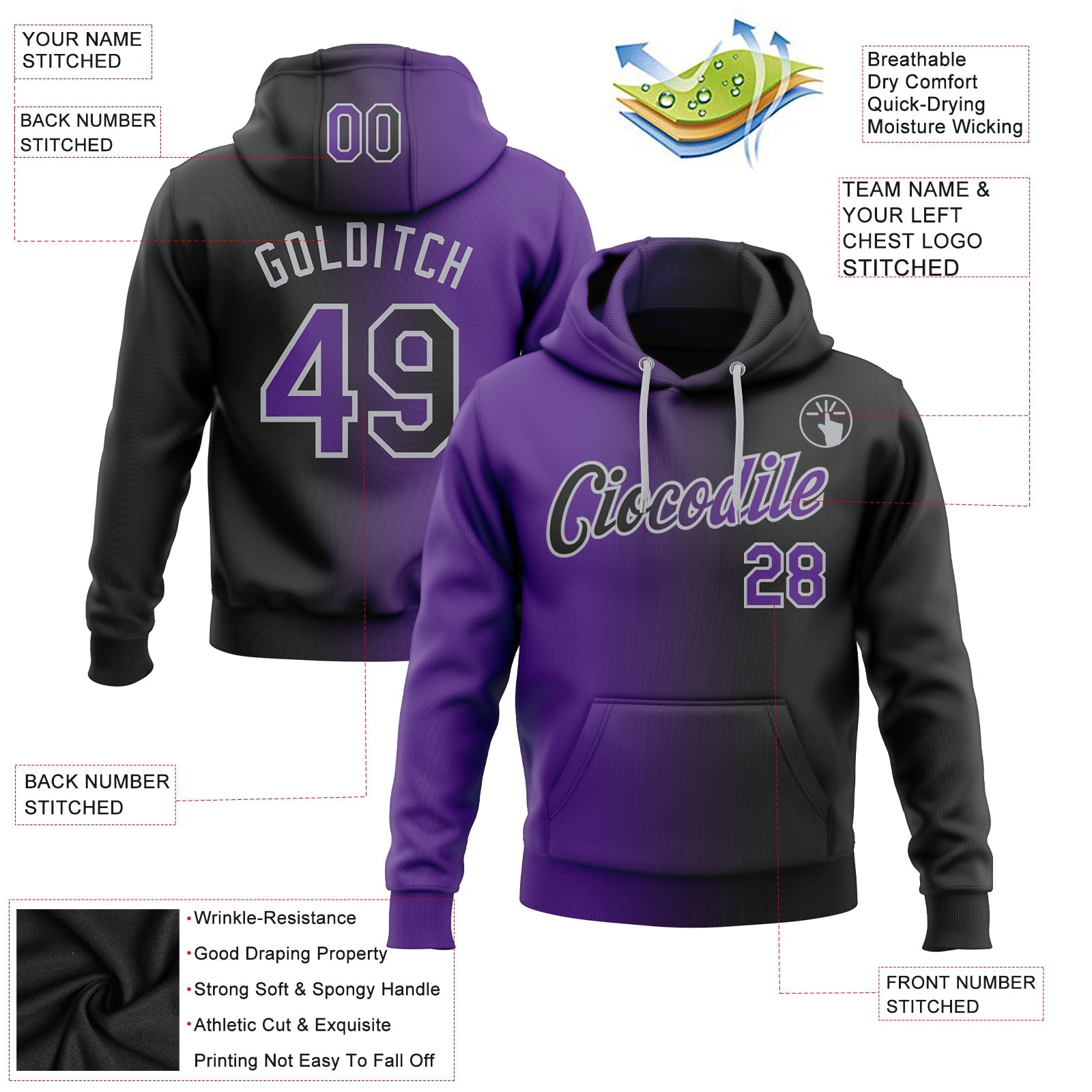 Custom Stitched Black Purple-Gray Gradient Fashion Sports Pullover Sweatshirt Hoodie view 2