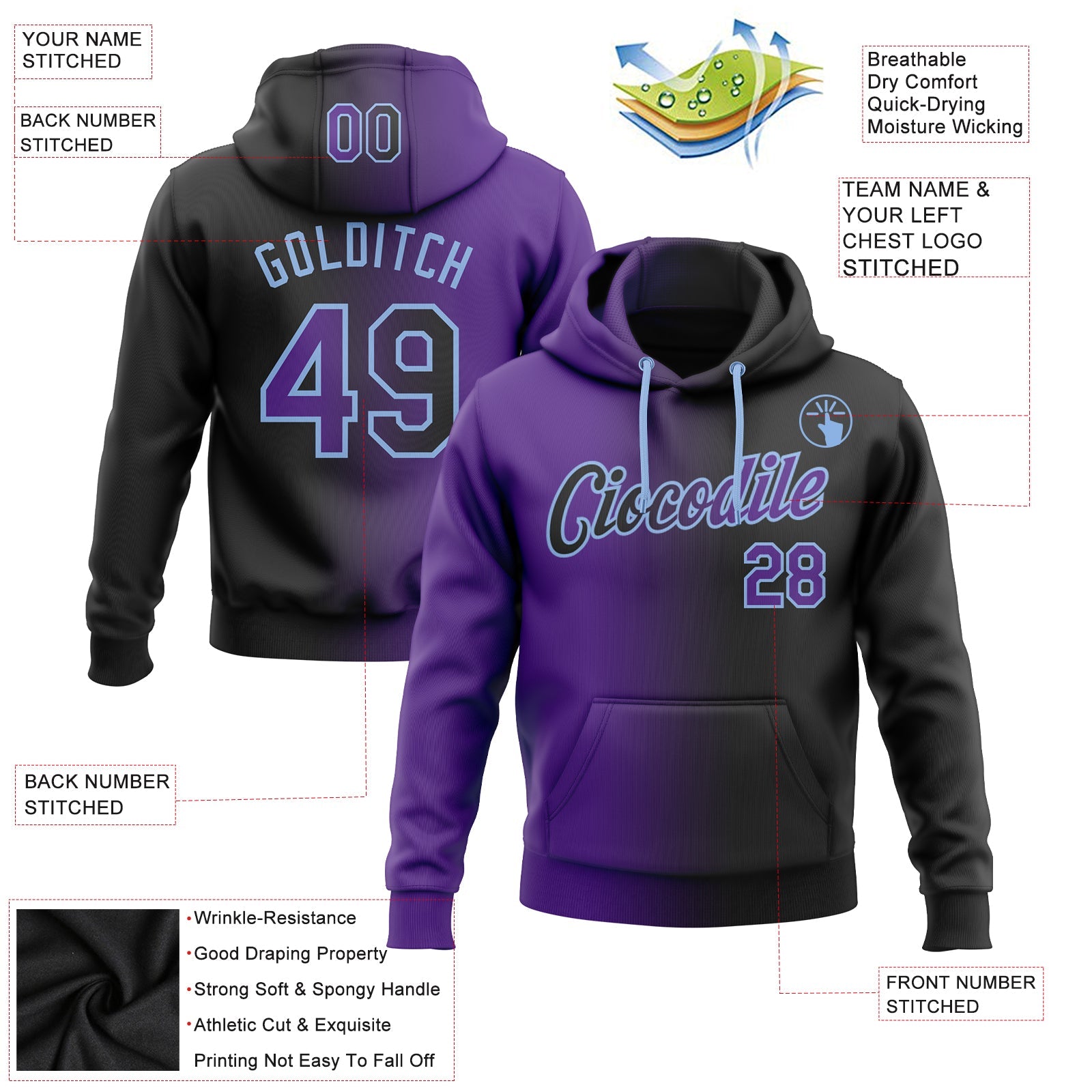 Custom Stitched Black Purple-Light Blue Gradient Fashion Sports Pullover Sweatshirt Hoodie view 2