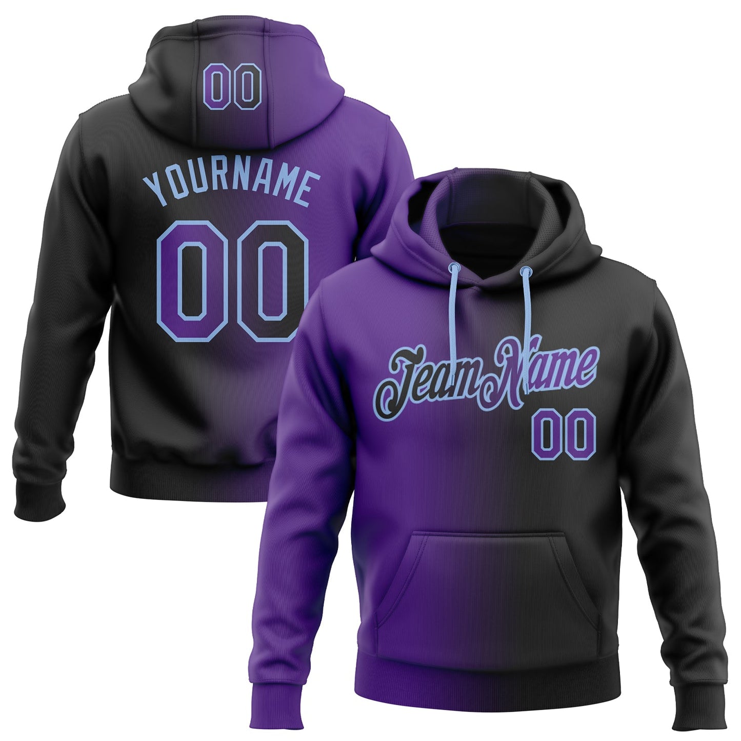 Custom Stitched Black Purple-Light Blue Gradient Fashion Sports Pullover Sweatshirt Hoodie - Main View