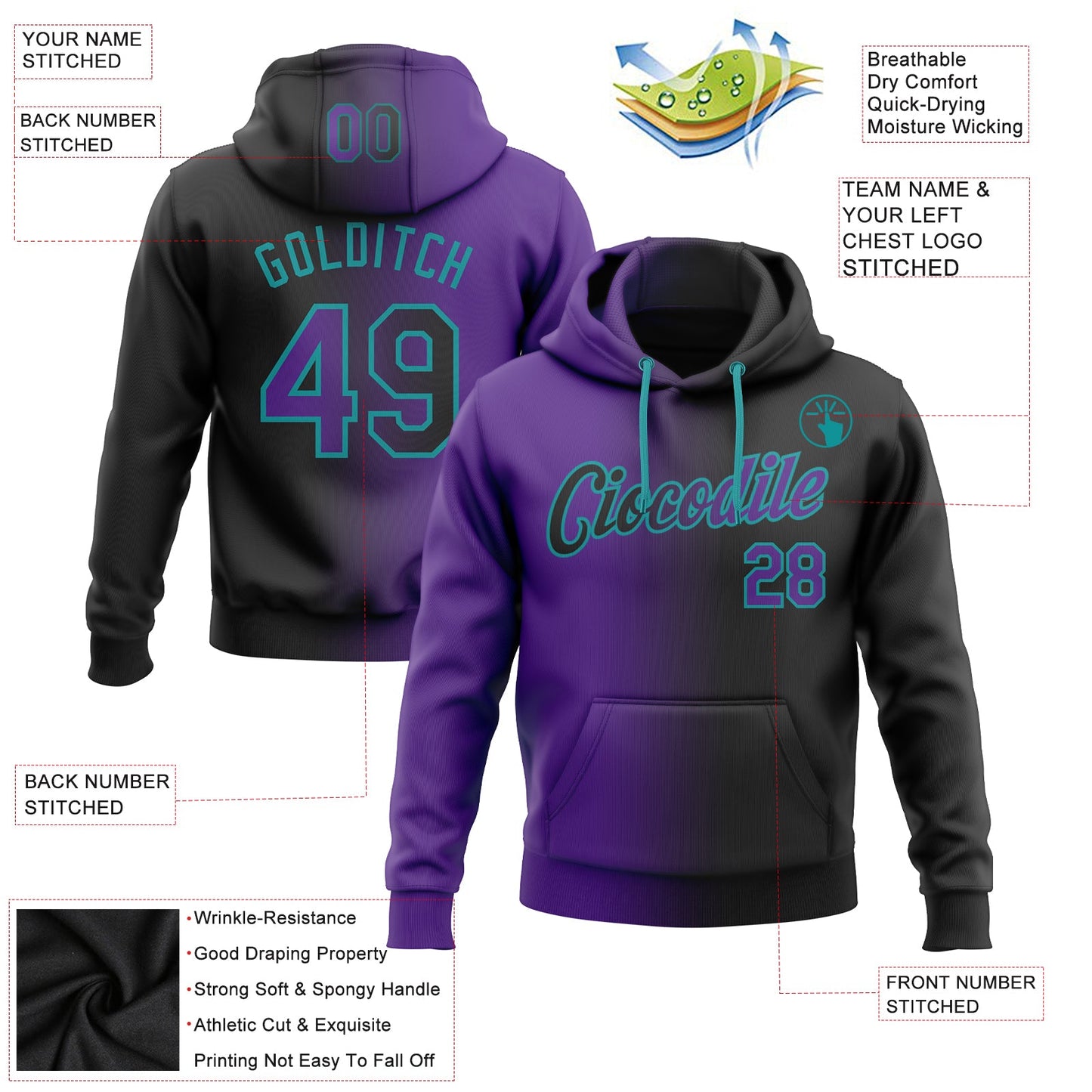 Custom Stitched Black Purple-Teal Gradient Fashion Sports Pullover Sweatshirt Hoodie view 2