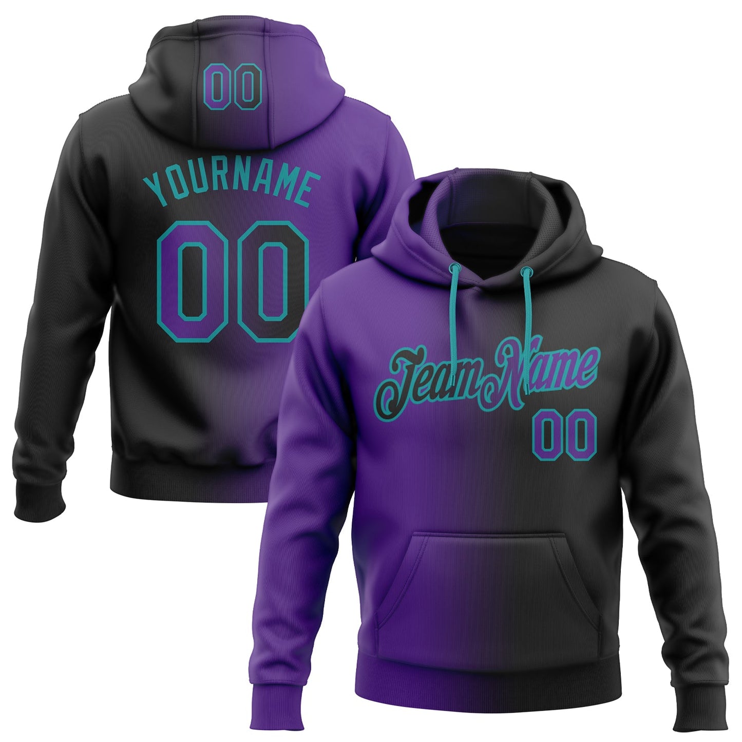 Custom Stitched Black Purple-Teal Gradient Fashion Sports Pullover Sweatshirt Hoodie - Main View