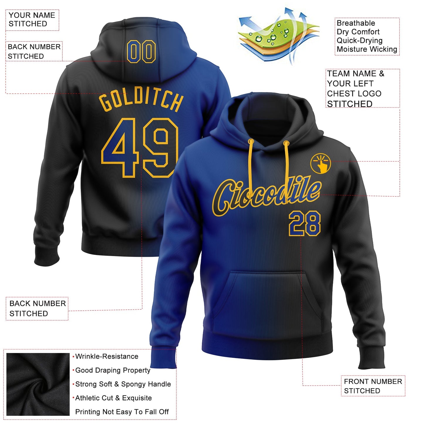 Custom Stitched Black Royal-Gold Gradient Fashion Sports Pullover Sweatshirt Hoodie view 2