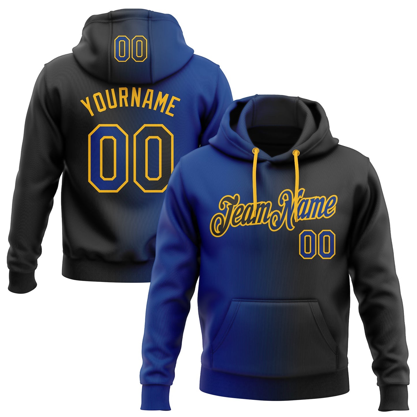 Custom Stitched Black Royal-Gold Gradient Fashion Sports Pullover Sweatshirt Hoodie - Main View