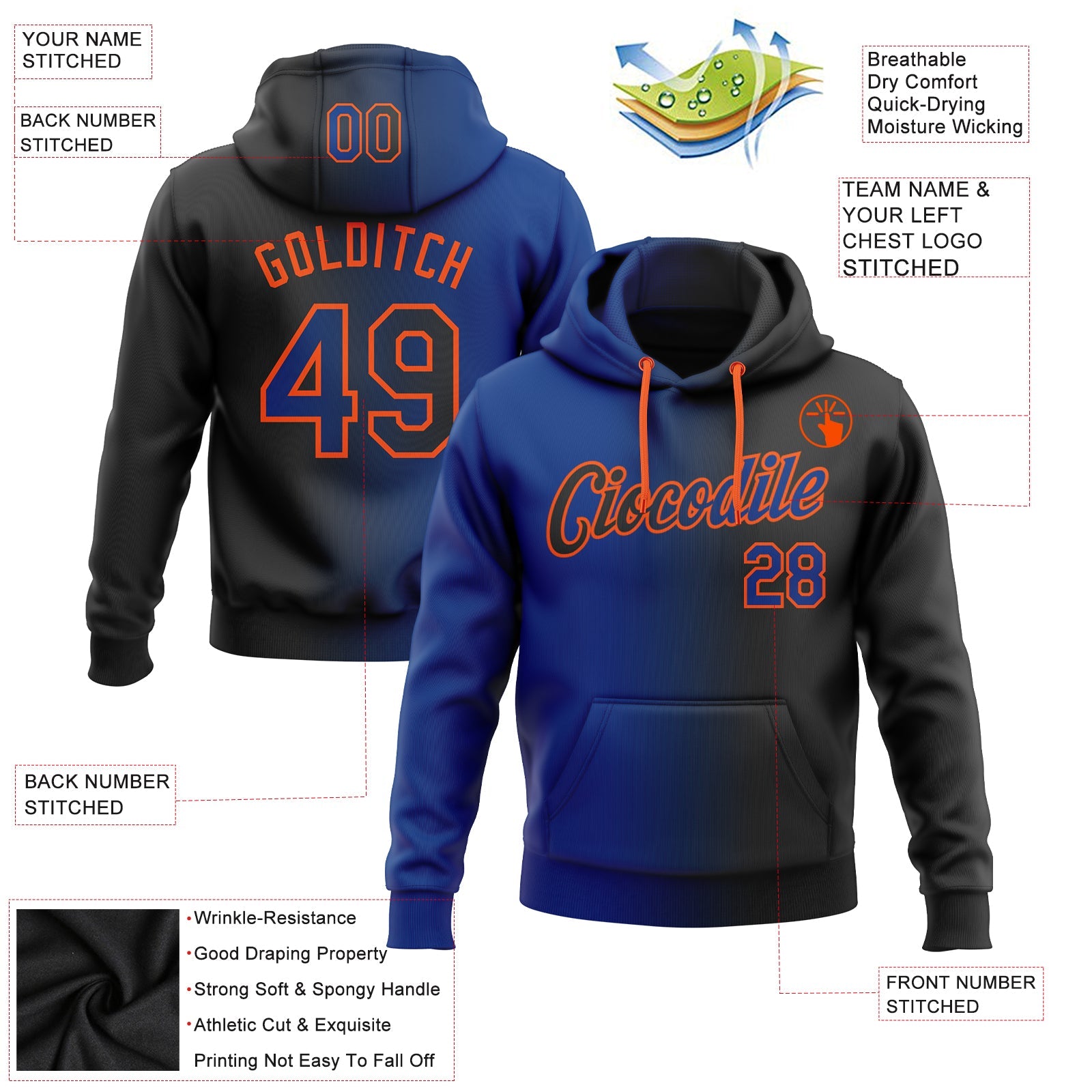 Custom Stitched Black Royal-Orange Gradient Fashion Sports Pullover Sweatshirt Hoodie view 2