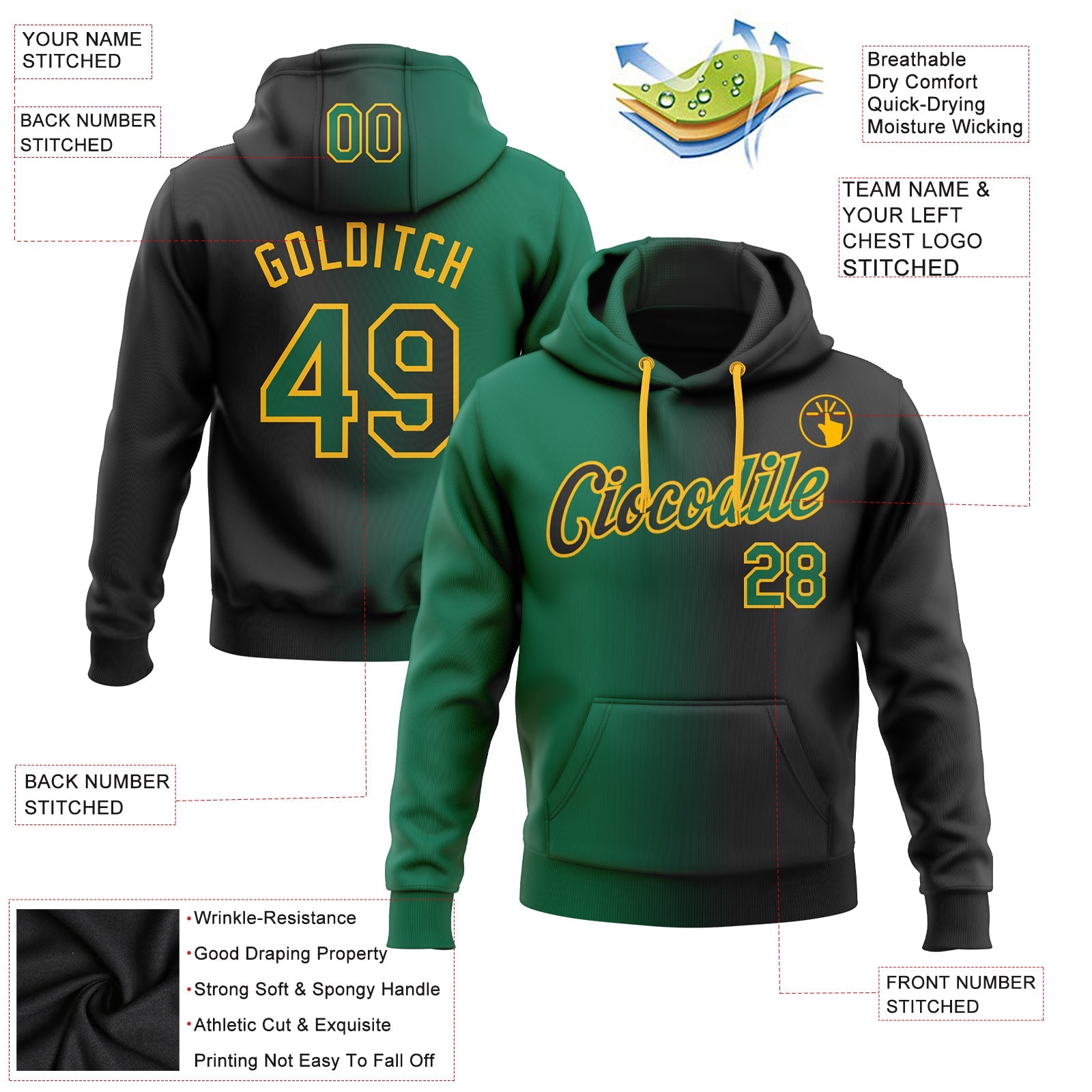 Custom Stitched Black Kelly Green-Gold Gradient Fashion Sports Pullover Sweatshirt Hoodie view 2