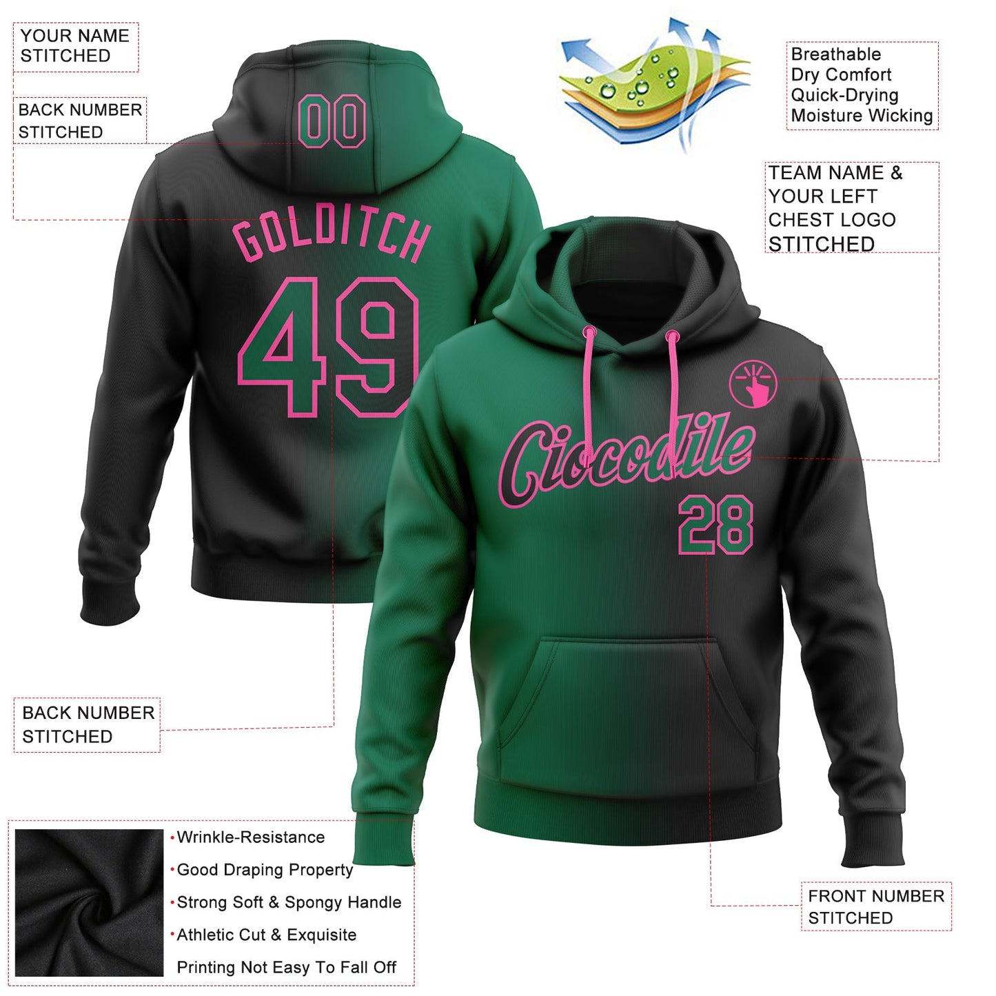 Custom Stitched Black Kelly Green-Pink Gradient Fashion Sports Pullover Sweatshirt Hoodie view 2